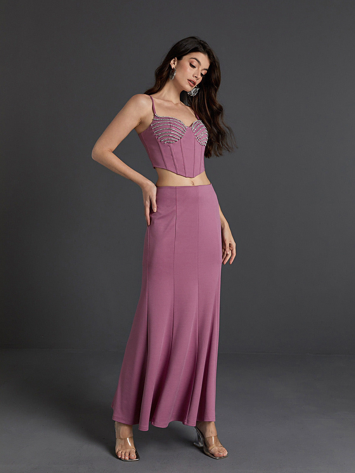 Maryann Embellished  Skirt Set In Purple