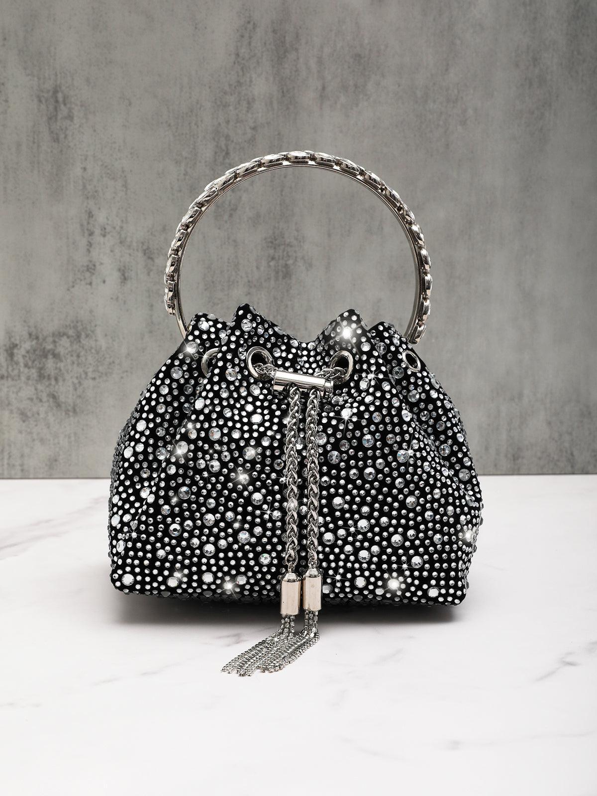 Mattea Crystal Embellished Bucket Bag In Black - Mew Mews Fashion