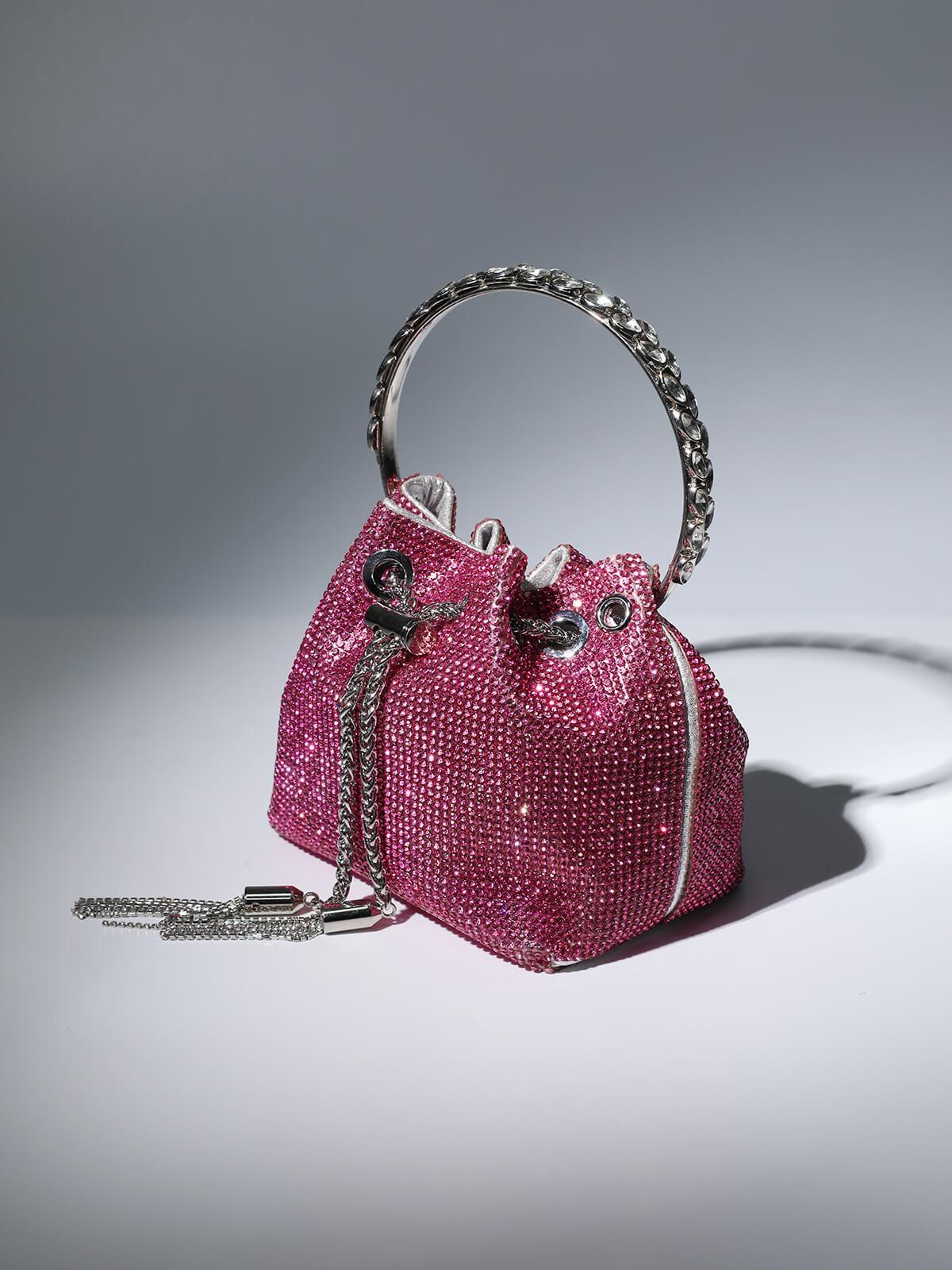 Mattea Crystal Embellished Bucket Bag In Hot Pink - Mew Mews Fashion