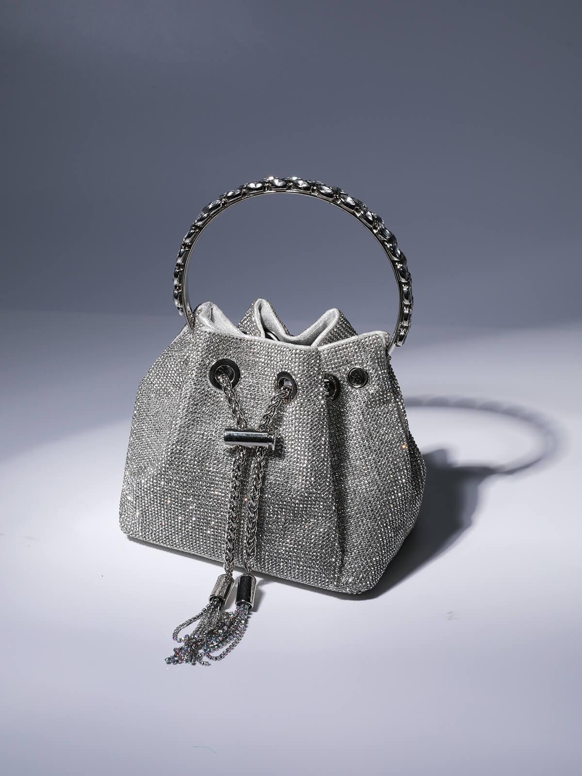 Mattea Crystal Embellished Bucket Bag In Silver - Mew Mews Fashion