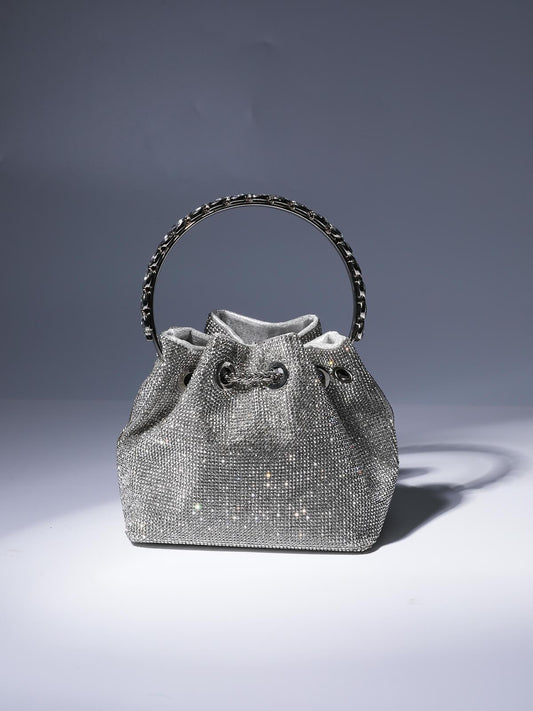 Mattea Crystal Embellished Bucket Bag In Silver - Mew Mews Fashion