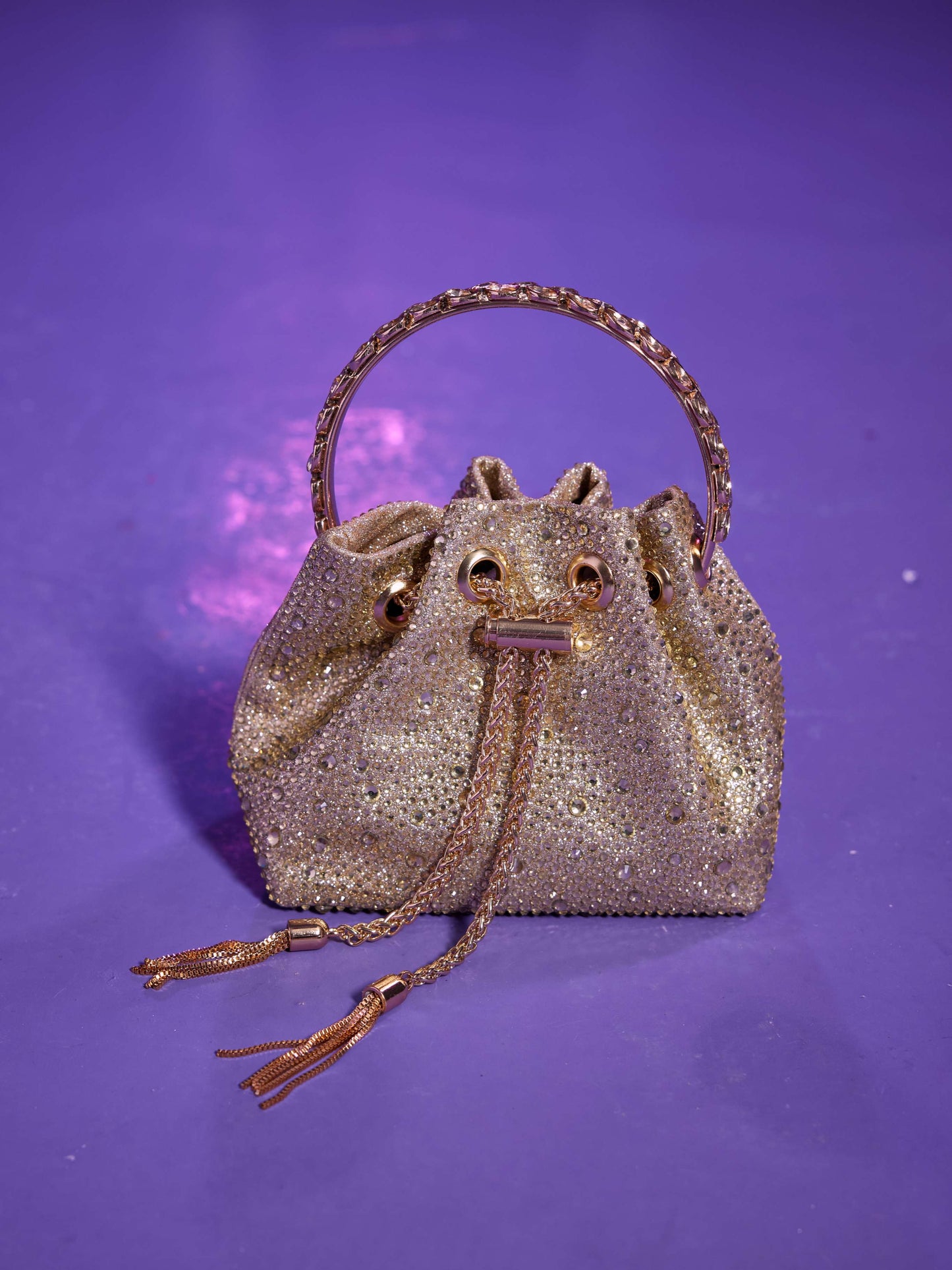 Mattea Crystal Embellished Heels And Bucket Bag Set In Gold
