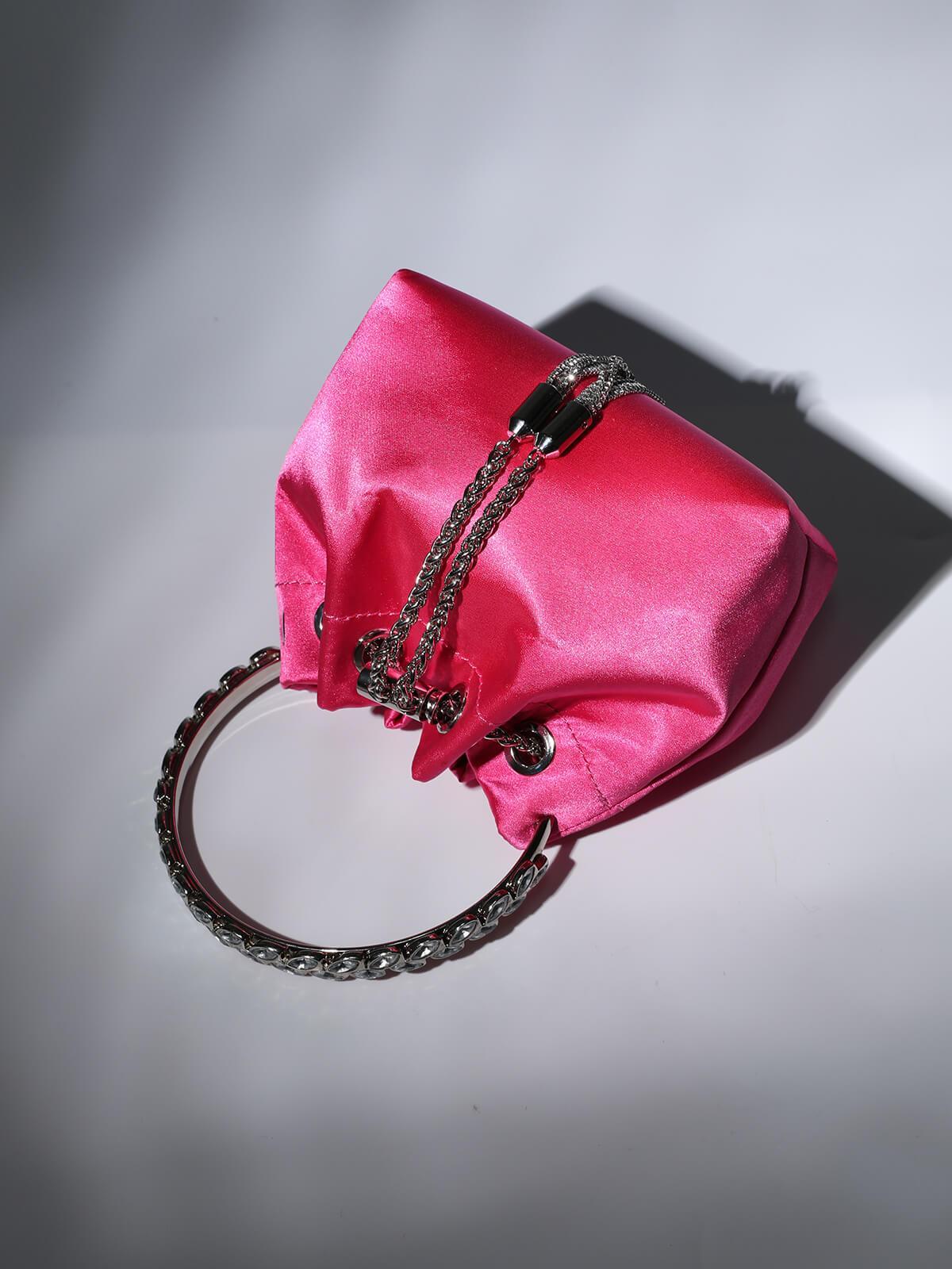 Mattea Satin Crystal Embellished Bucket Bag In Hot Pink - Mew Mews Fashion