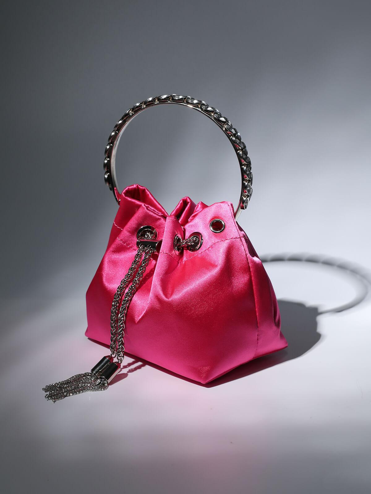 Mattea Satin Crystal Embellished Bucket Bag In Hot Pink - Mew Mews Fashion