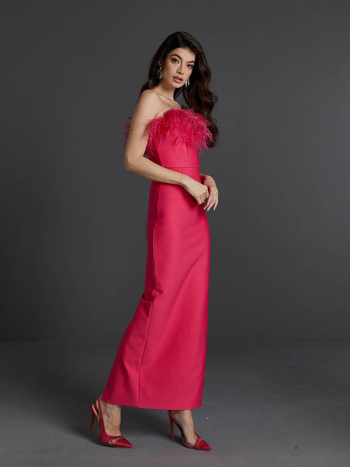 Mina Strapless Feather Trimmed Bandage Dress In Hot Pink - Mew Mews Fashion