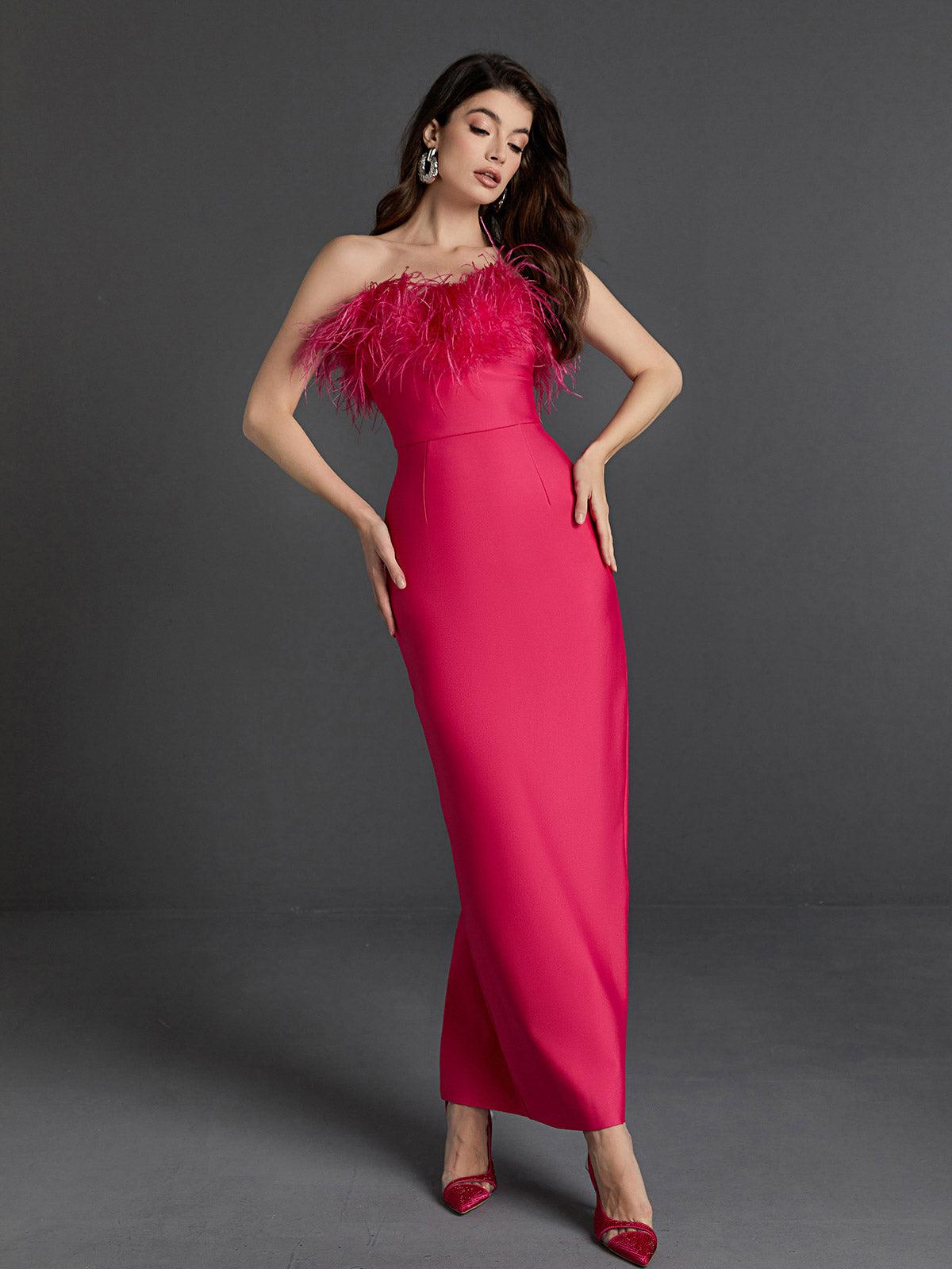 Mina Strapless Feather Trimmed Bandage Dress In Hot Pink - Mew Mews Fashion