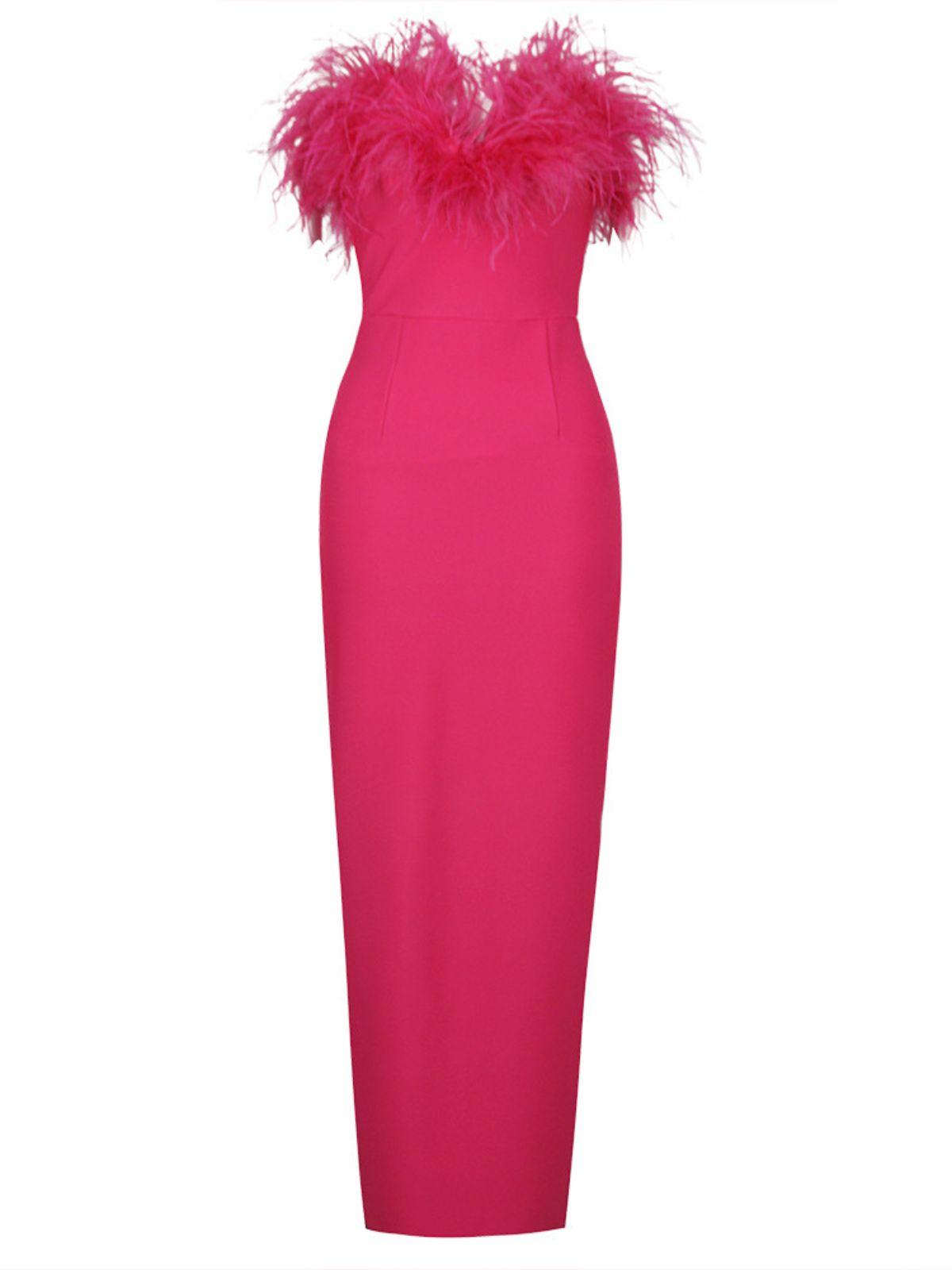 Mina Strapless Feather Trimmed Bandage Dress In Hot Pink - Mew Mews Fashion