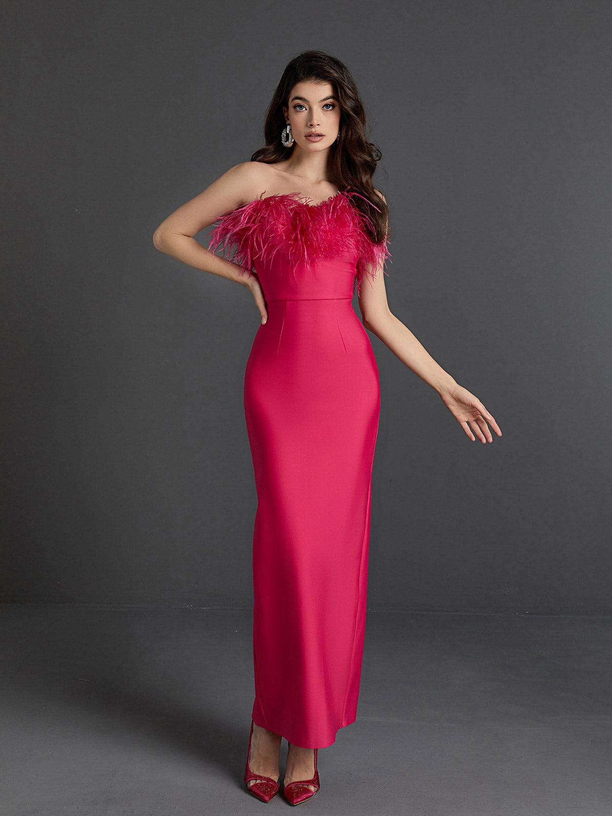 Mina Strapless Feather Trimmed Bandage Dress In Hot Pink - Mew Mews Fashion