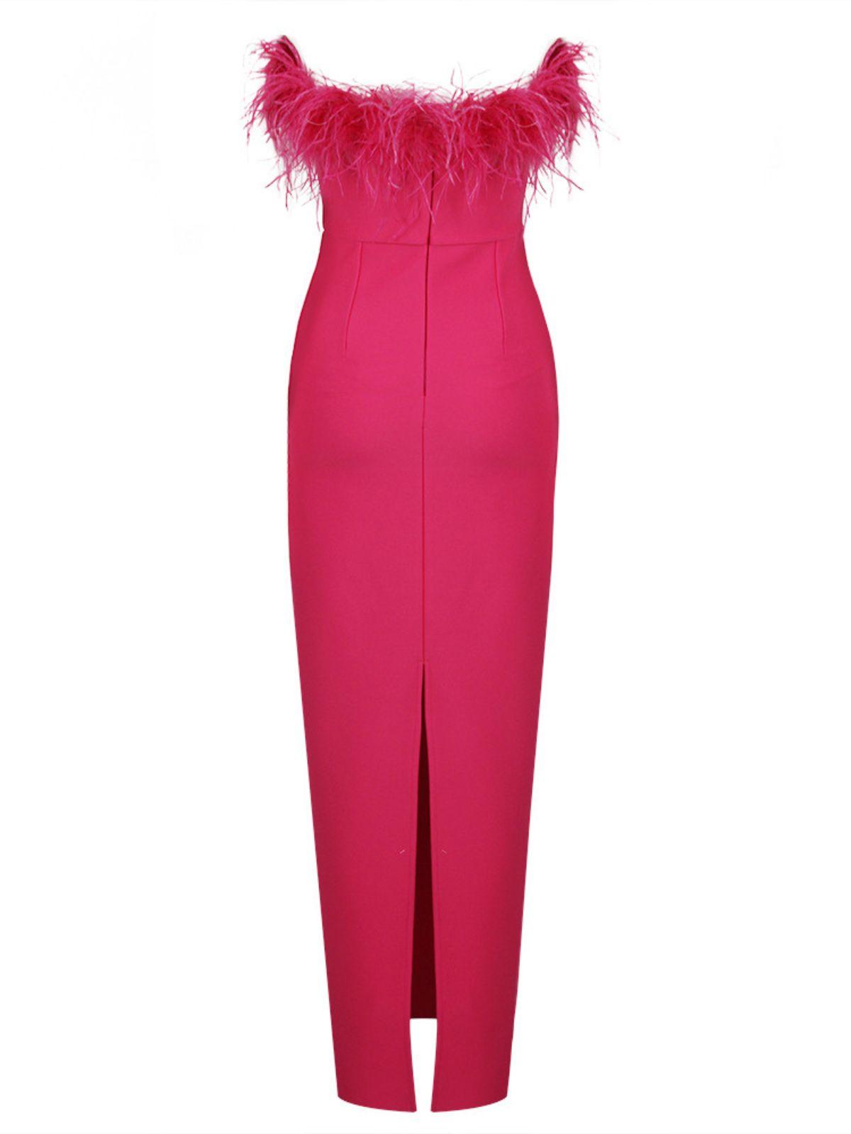 Mina Strapless Feather Trimmed Bandage Dress In Hot Pink - Mew Mews Fashion