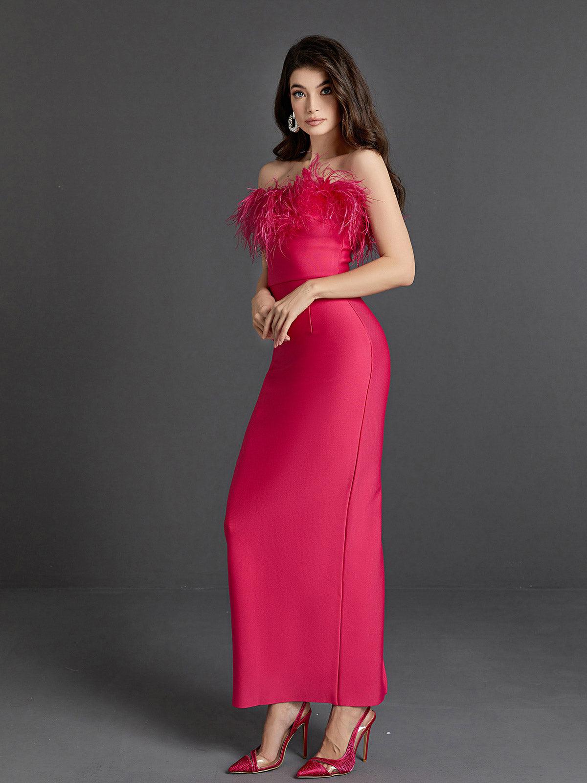 Mina Strapless Feather Trimmed Bandage Dress In Hot Pink - Mew Mews Fashion