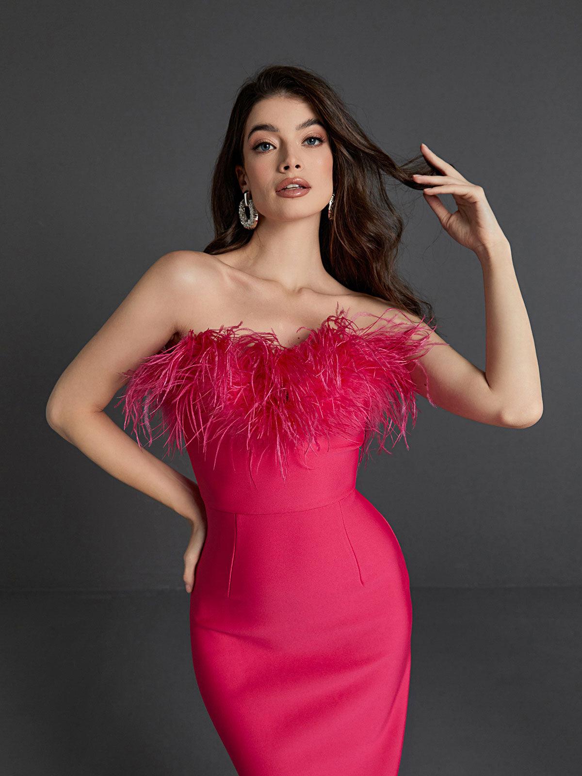 Mina Strapless Feather Trimmed Bandage Dress In Hot Pink - Mew Mews Fashion
