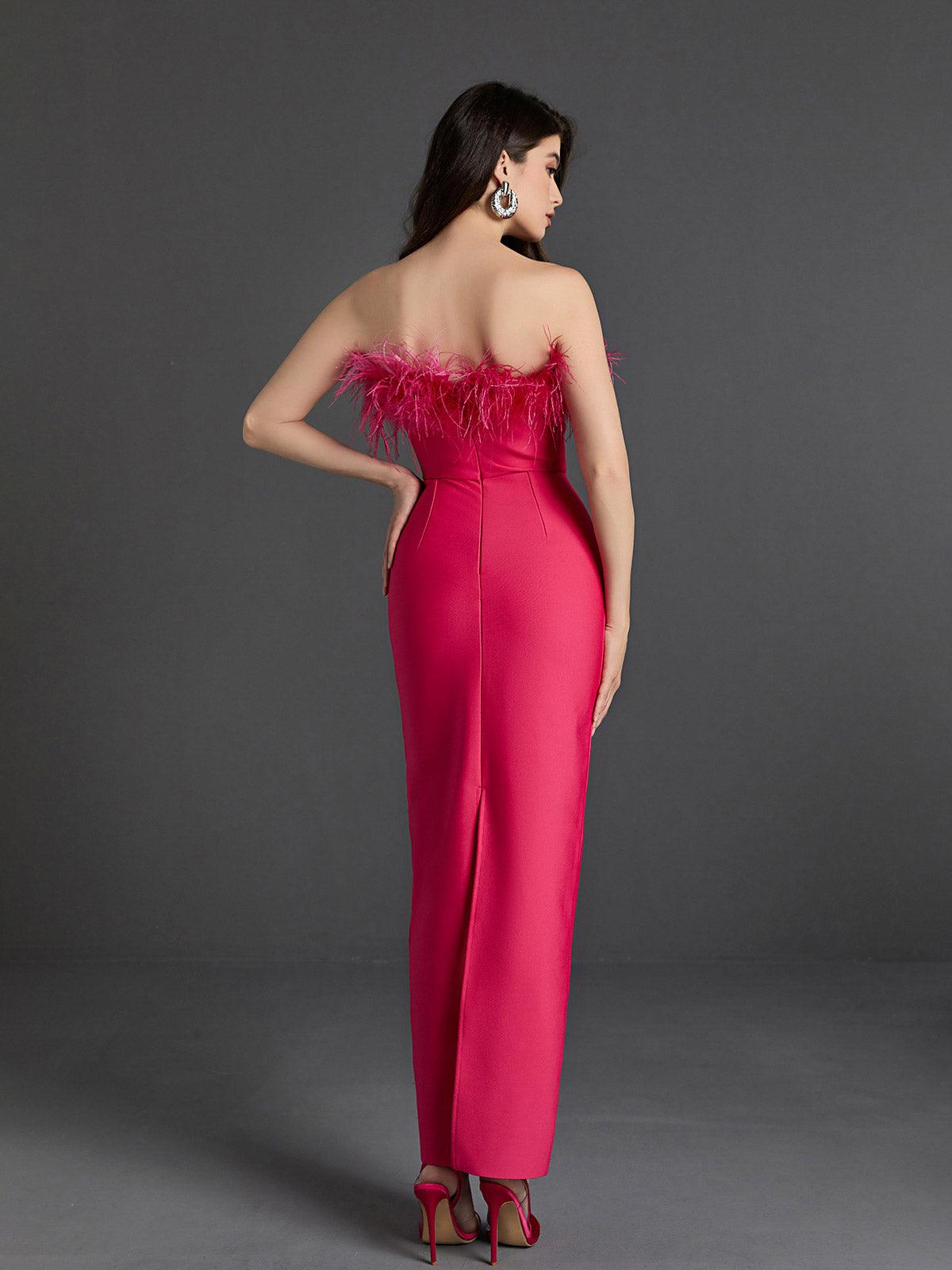 Mina Strapless Feather Trimmed Bandage Dress In Hot Pink - Mew Mews Fashion