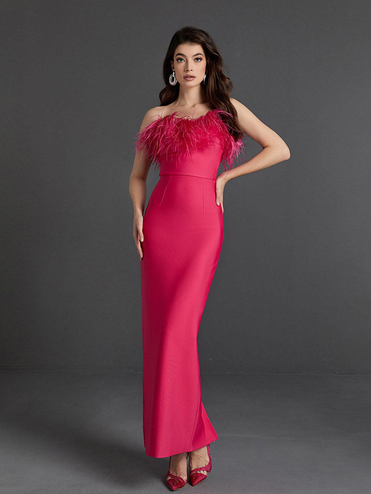 Mina Strapless Feather Trimmed Bandage Dress In Hot Pink - Mew Mews Fashion