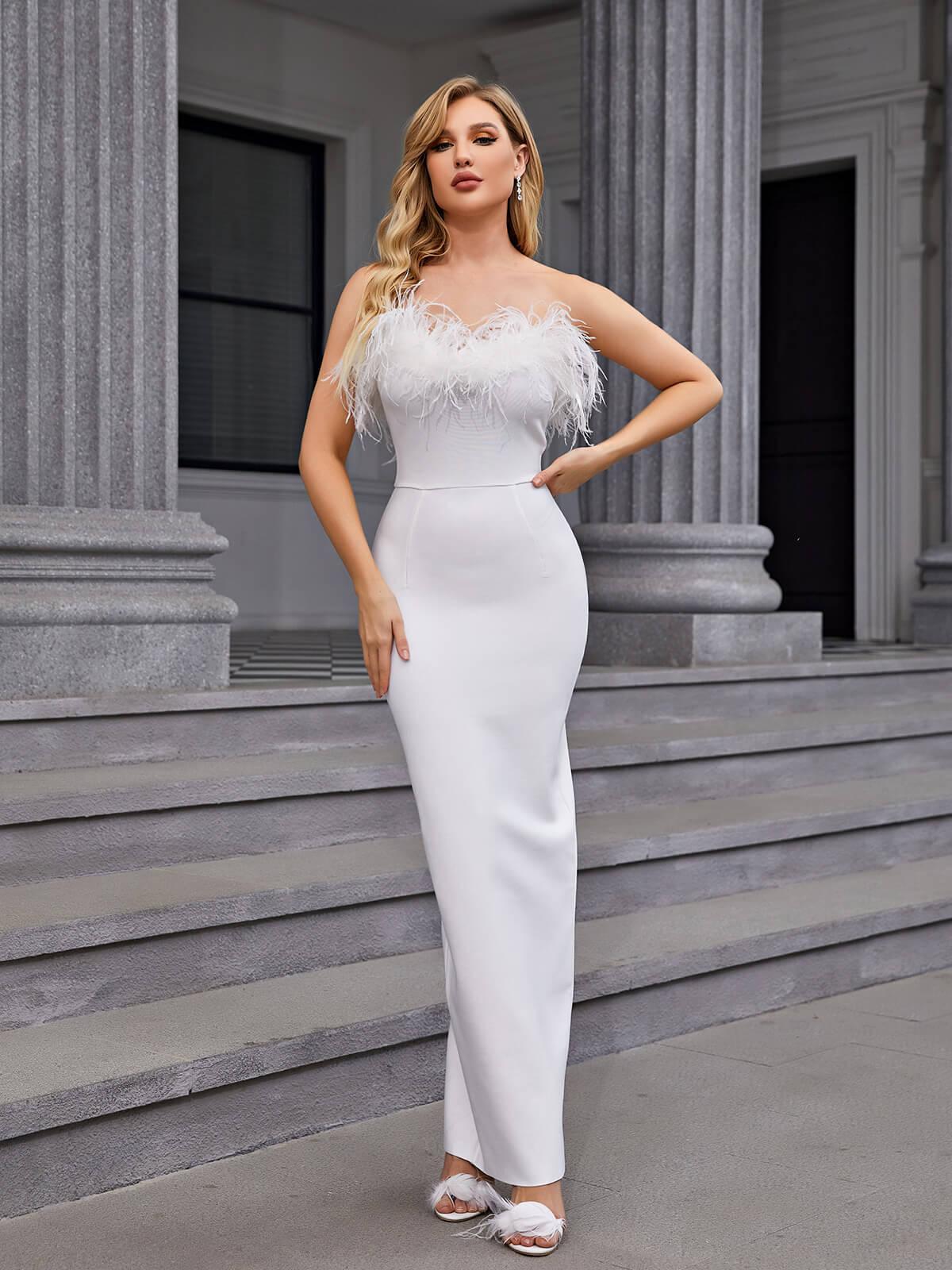 Mina Strapless Feather Trimmed Bandage Dress In White - Mew Mews Fashion
