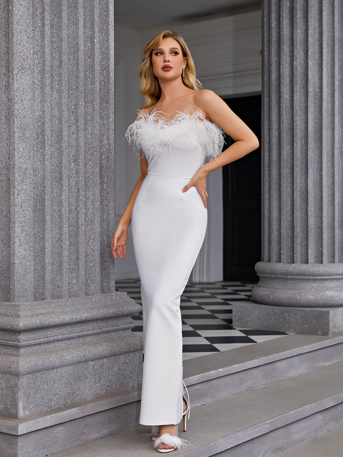Mina Strapless Feather Trimmed Bandage Dress In White - Mew Mews Fashion