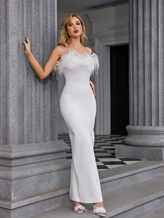 Mina Strapless Feather Trimmed Bandage Dress In White - Mew Mews Fashion