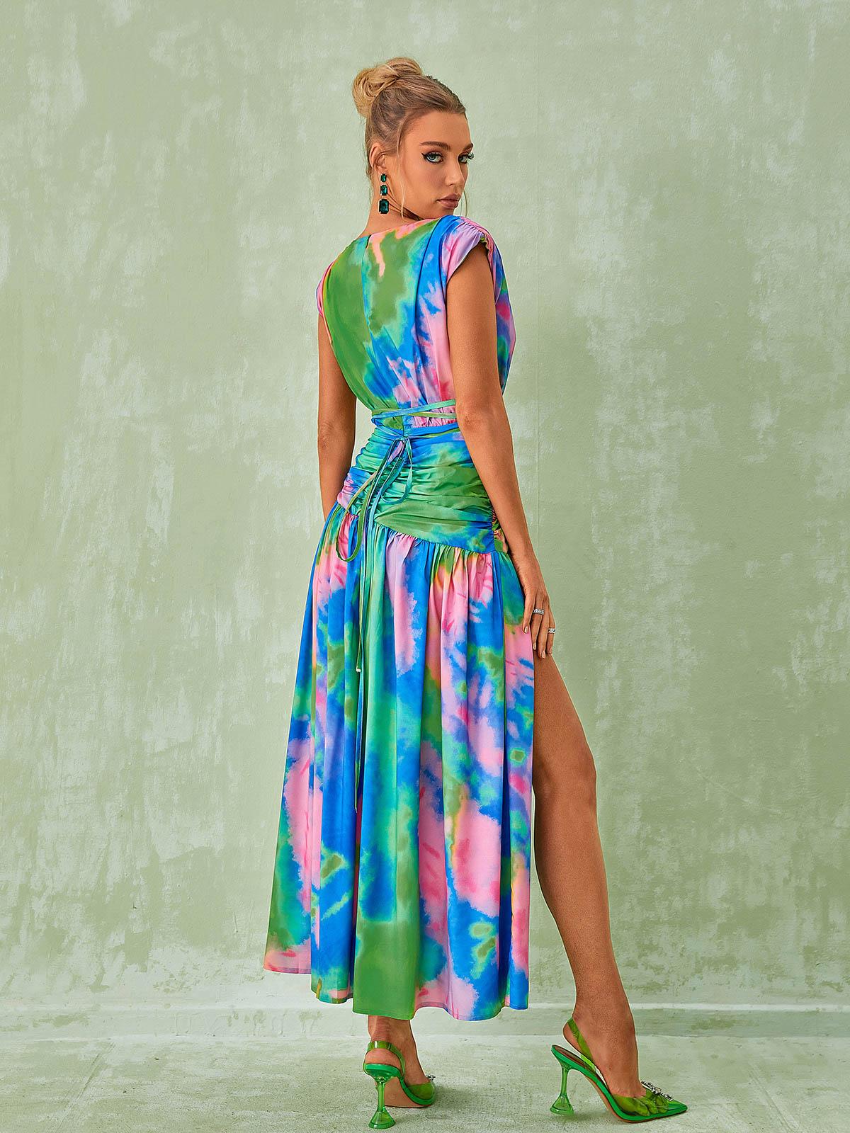 Monique Plunge Neck Split Printed Dress - Mew Mews Fashion
