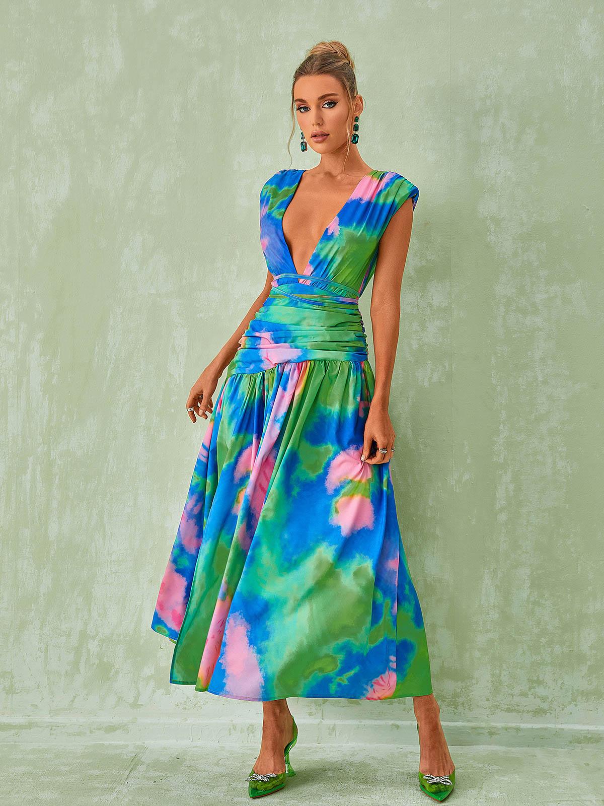 Monique Plunge Neck Split Printed Dress - Mew Mews Fashion