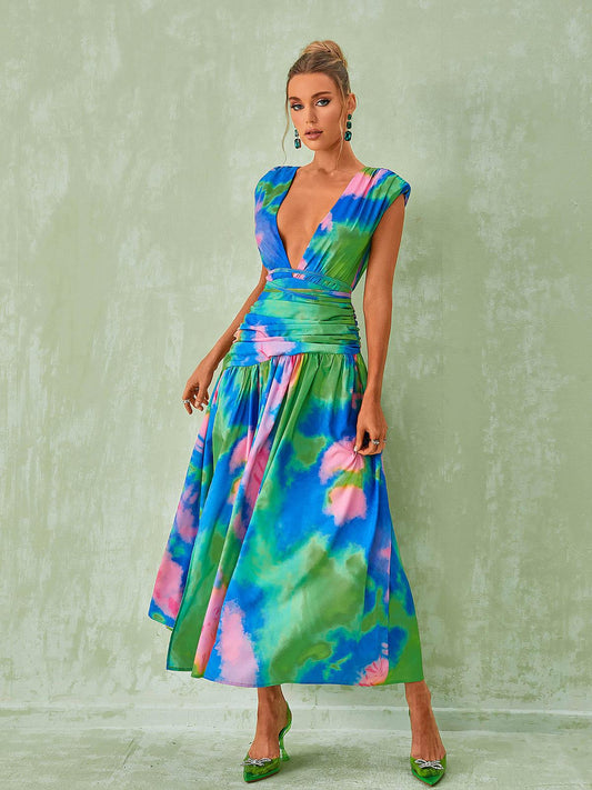 Monique Plunge Neck Split Printed Dress - Mew Mews Fashion