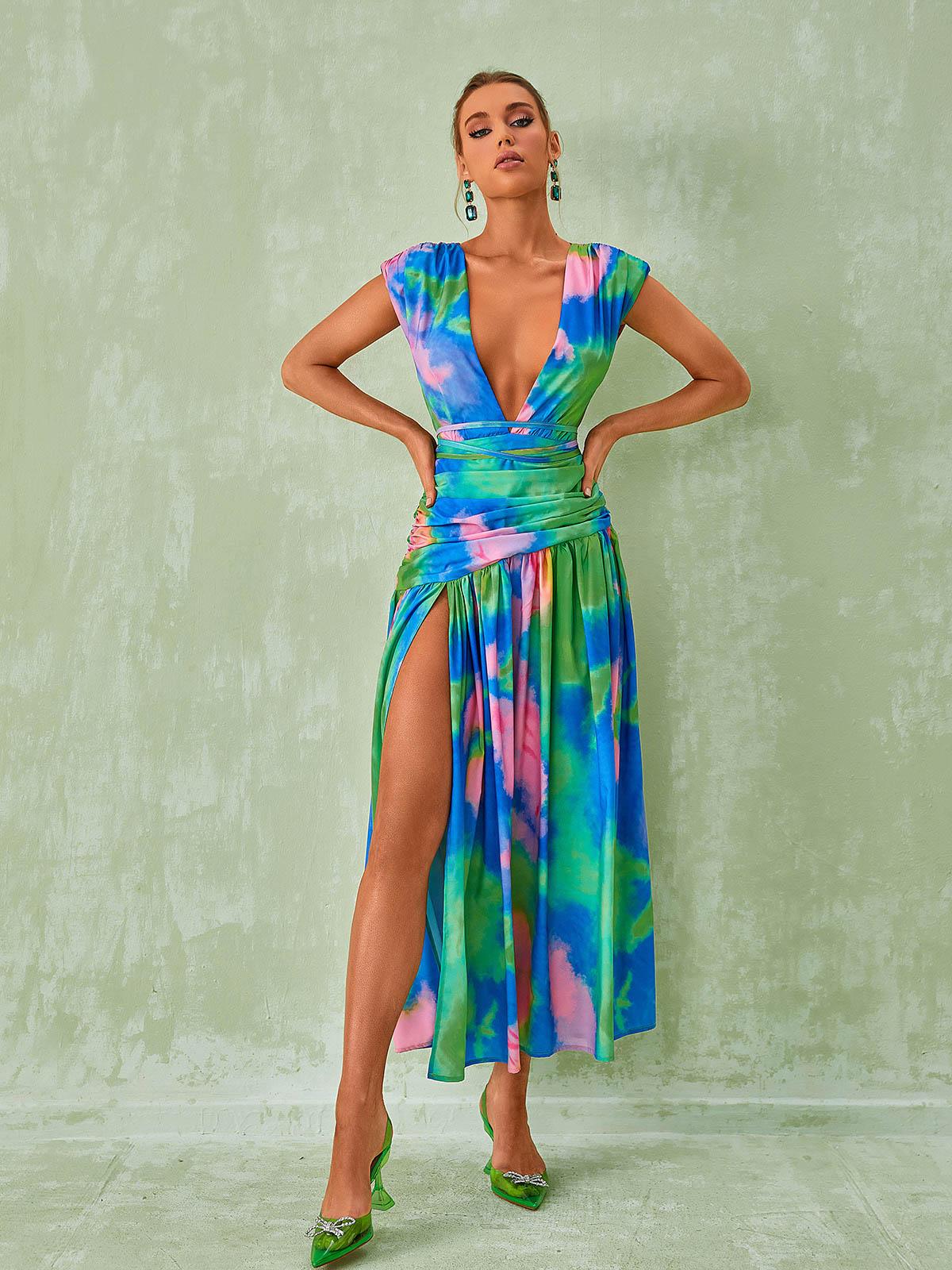 Monique Plunge Neck Split Printed Dress - Mew Mews Fashion