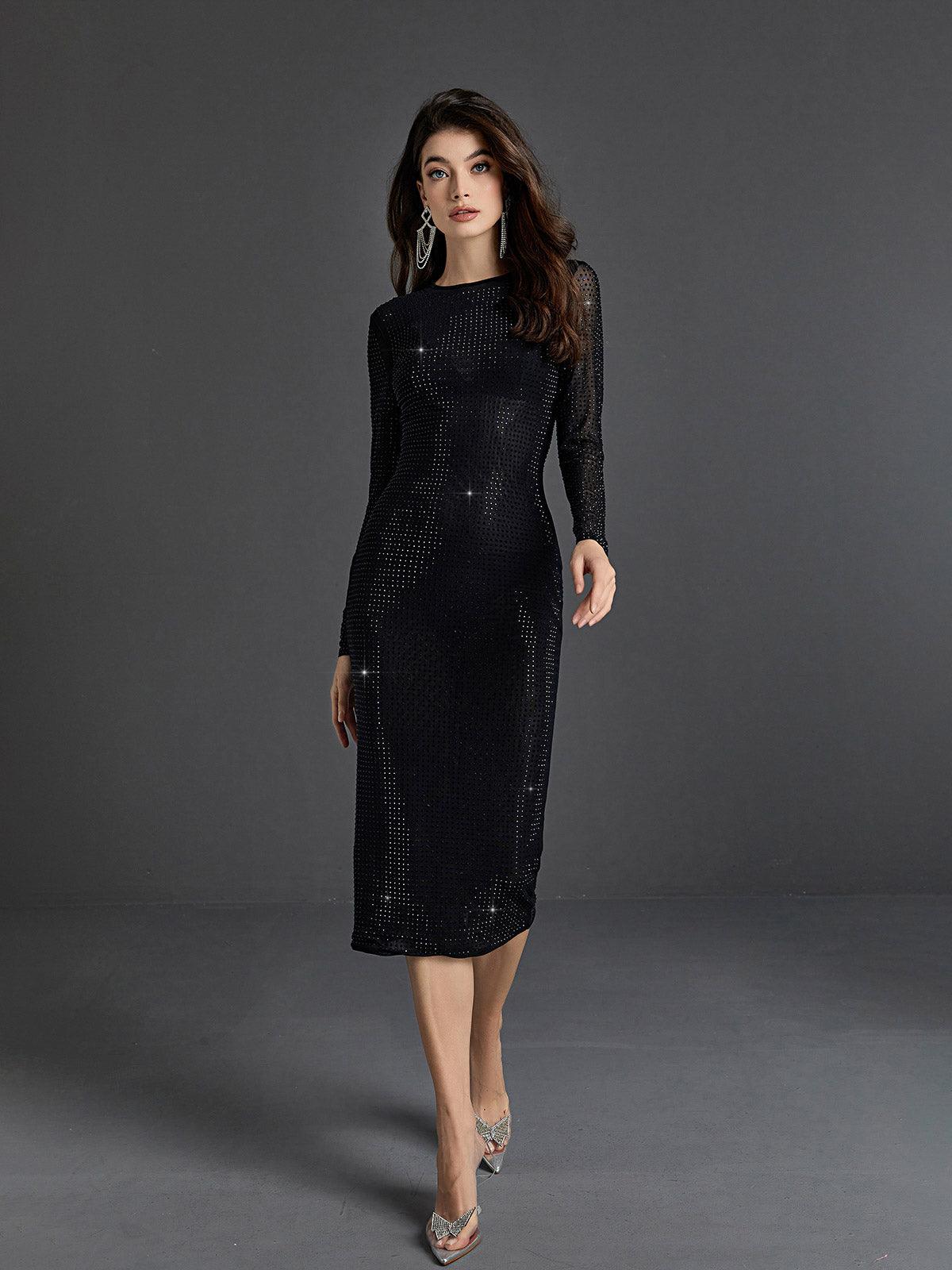 Neriah Crystal Embellished Midi Dress In Black - Mew Mews Fashion