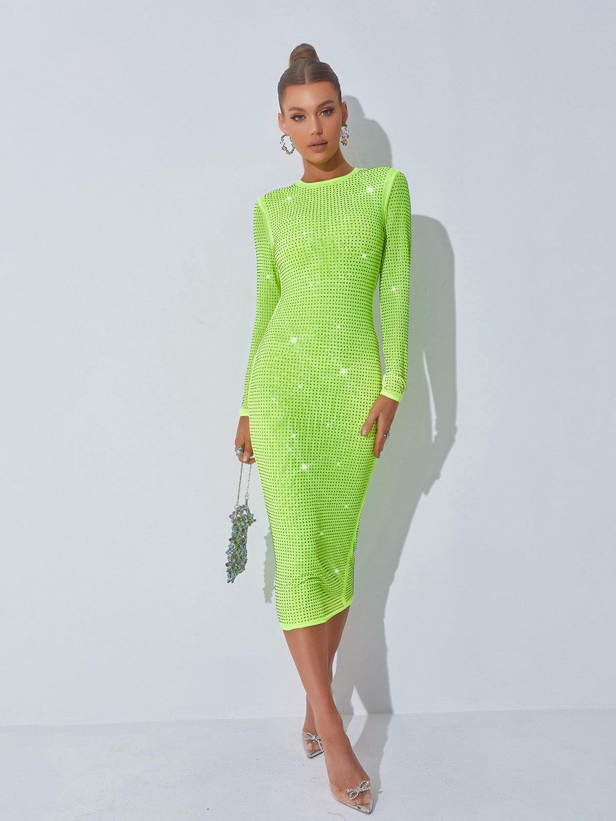Neriah Crystal Embellished Midi Dress In Green - Mew Mews Fashion
