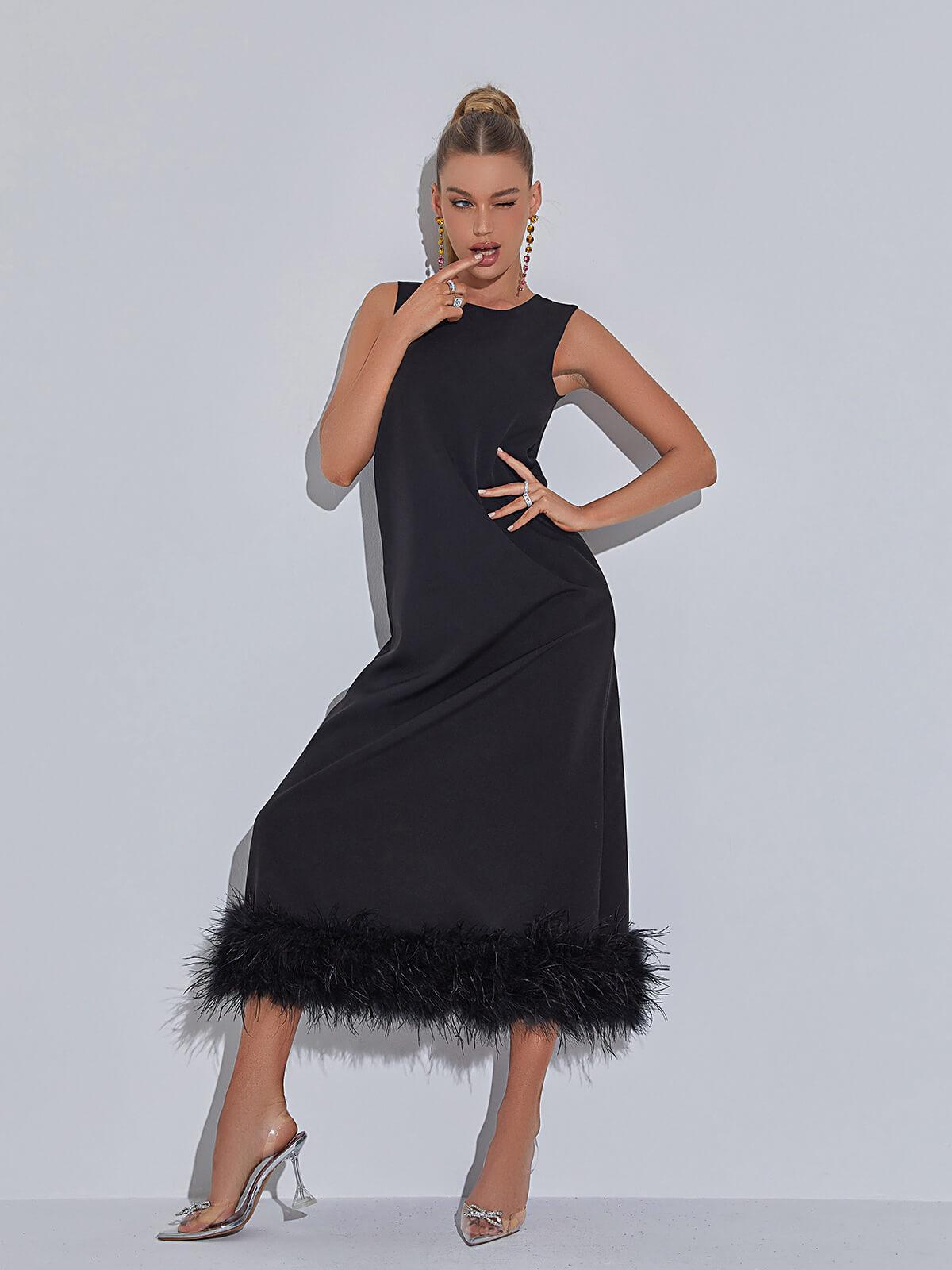 Nisha Feather Midi Dress In Black - Mew Mews Fashion
