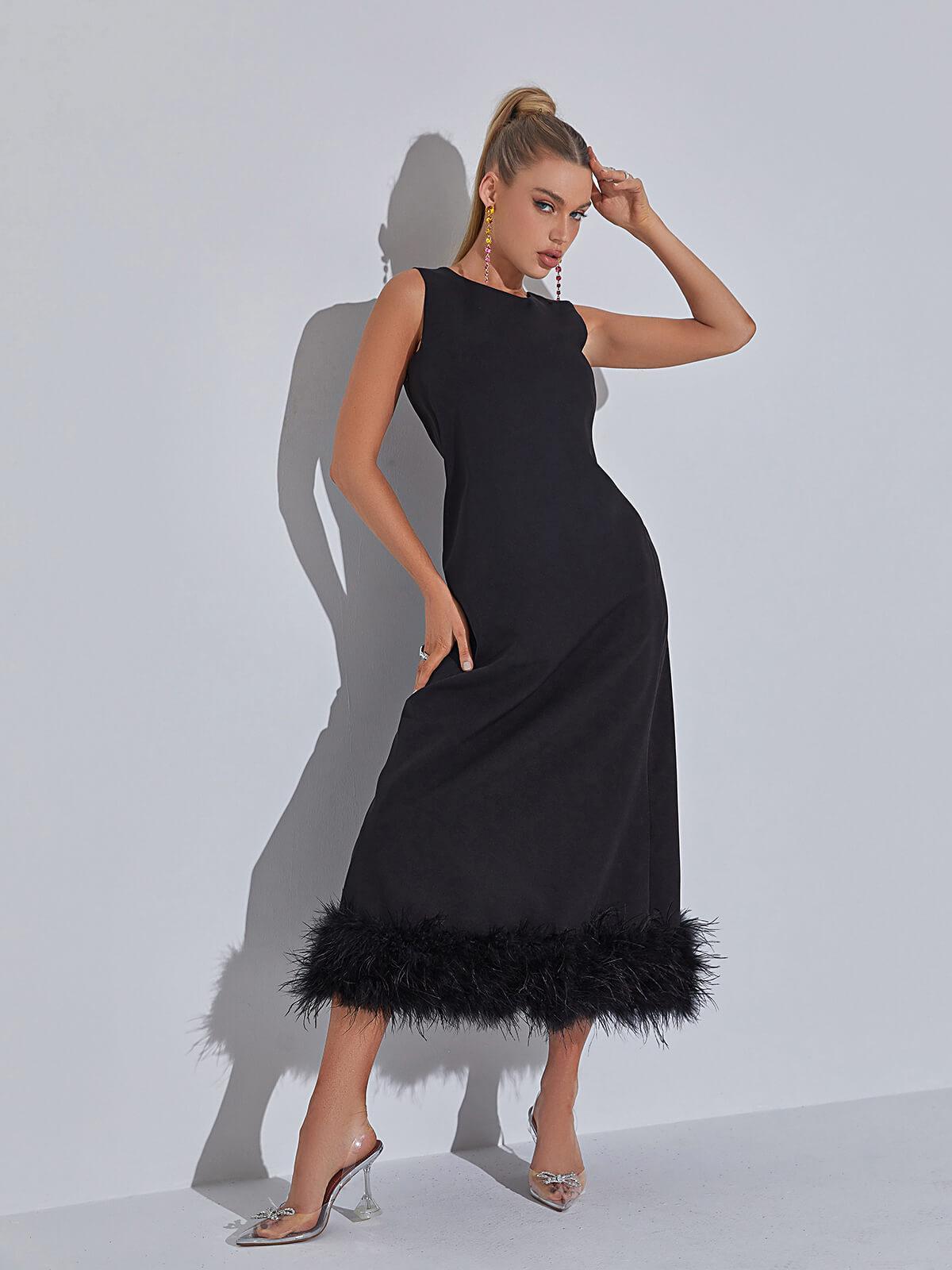 Nisha Feather Midi Dress In Black - Mew Mews Fashion