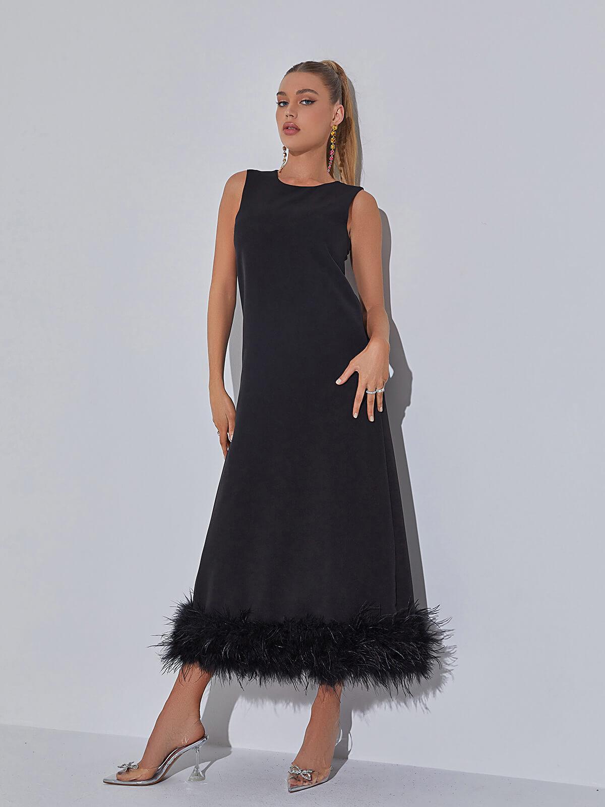 Nisha Feather Midi Dress In Black - Mew Mews Fashion