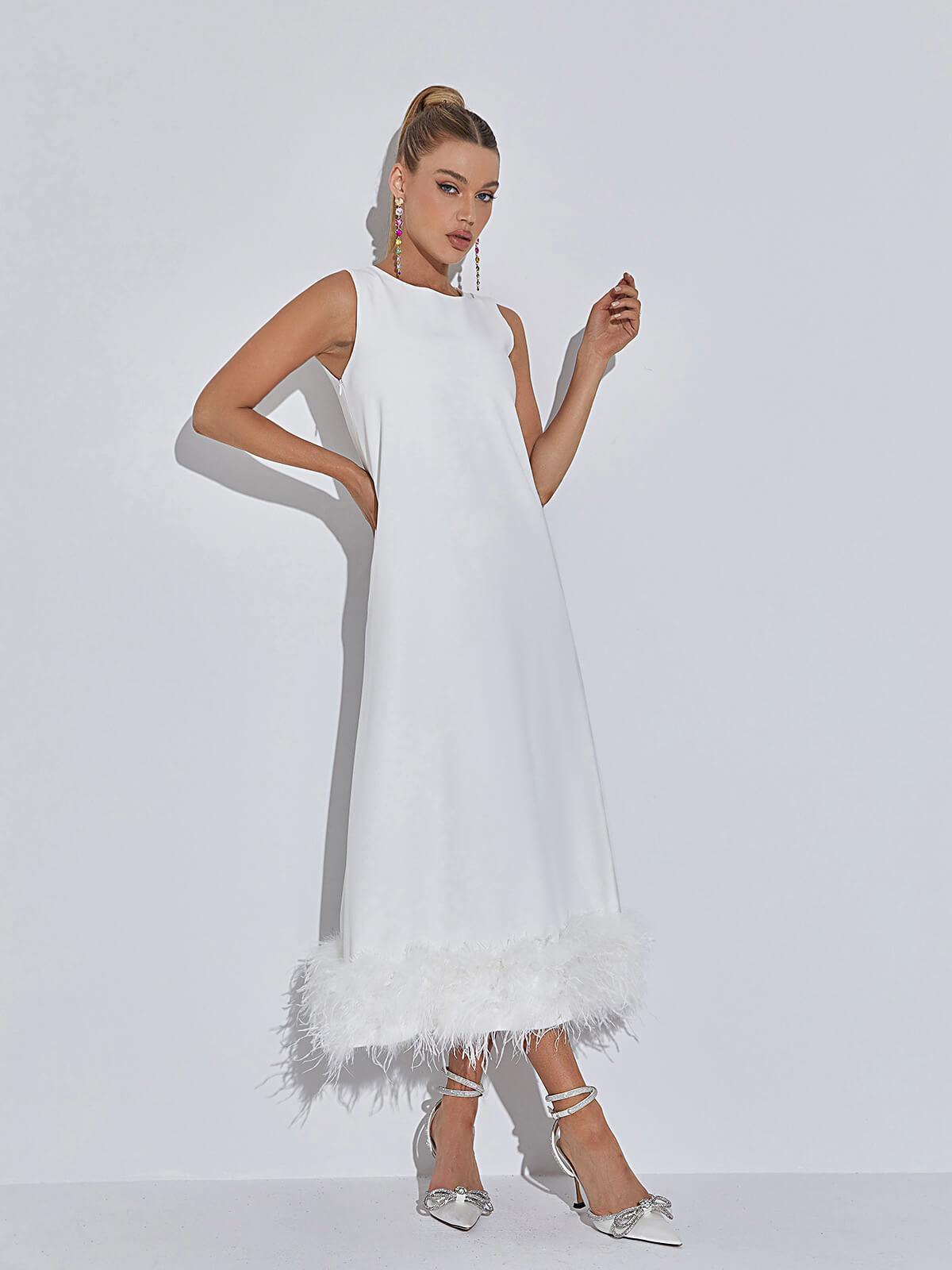 Nisha Feather Midi Dress In White - Mew Mews Fashion
