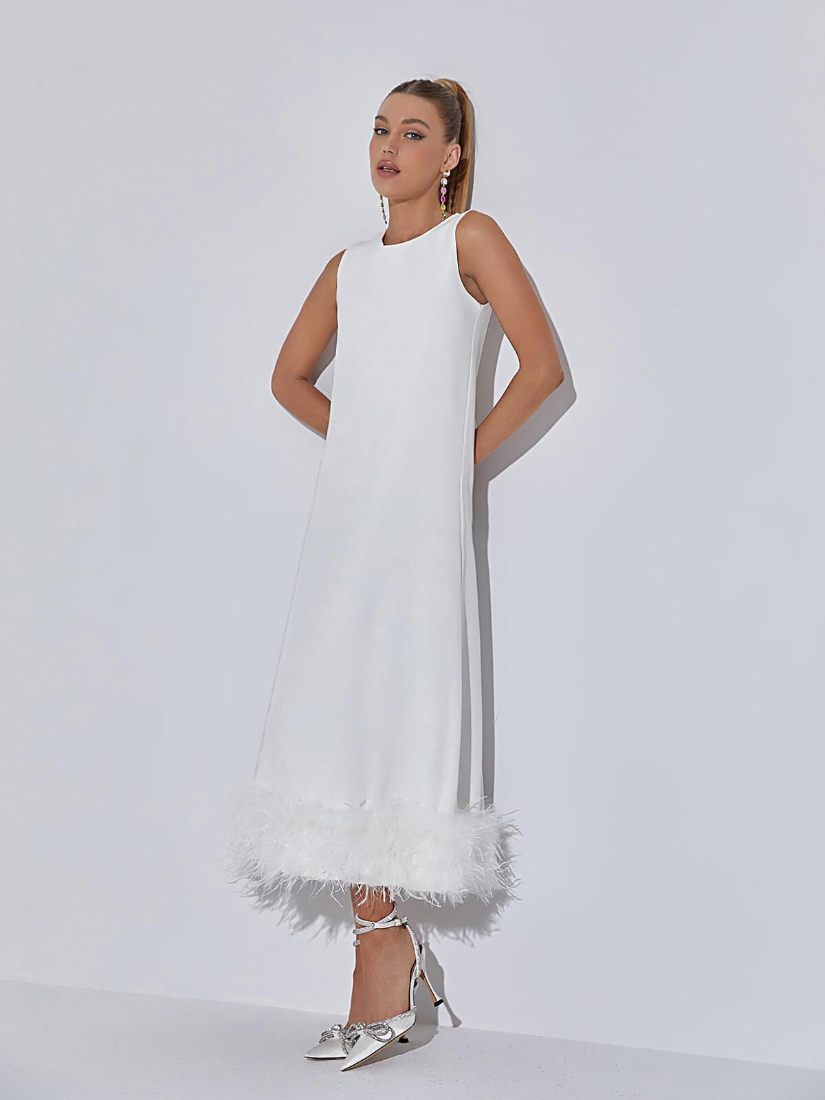 Nisha Feather Midi Dress In White - Mew Mews Fashion