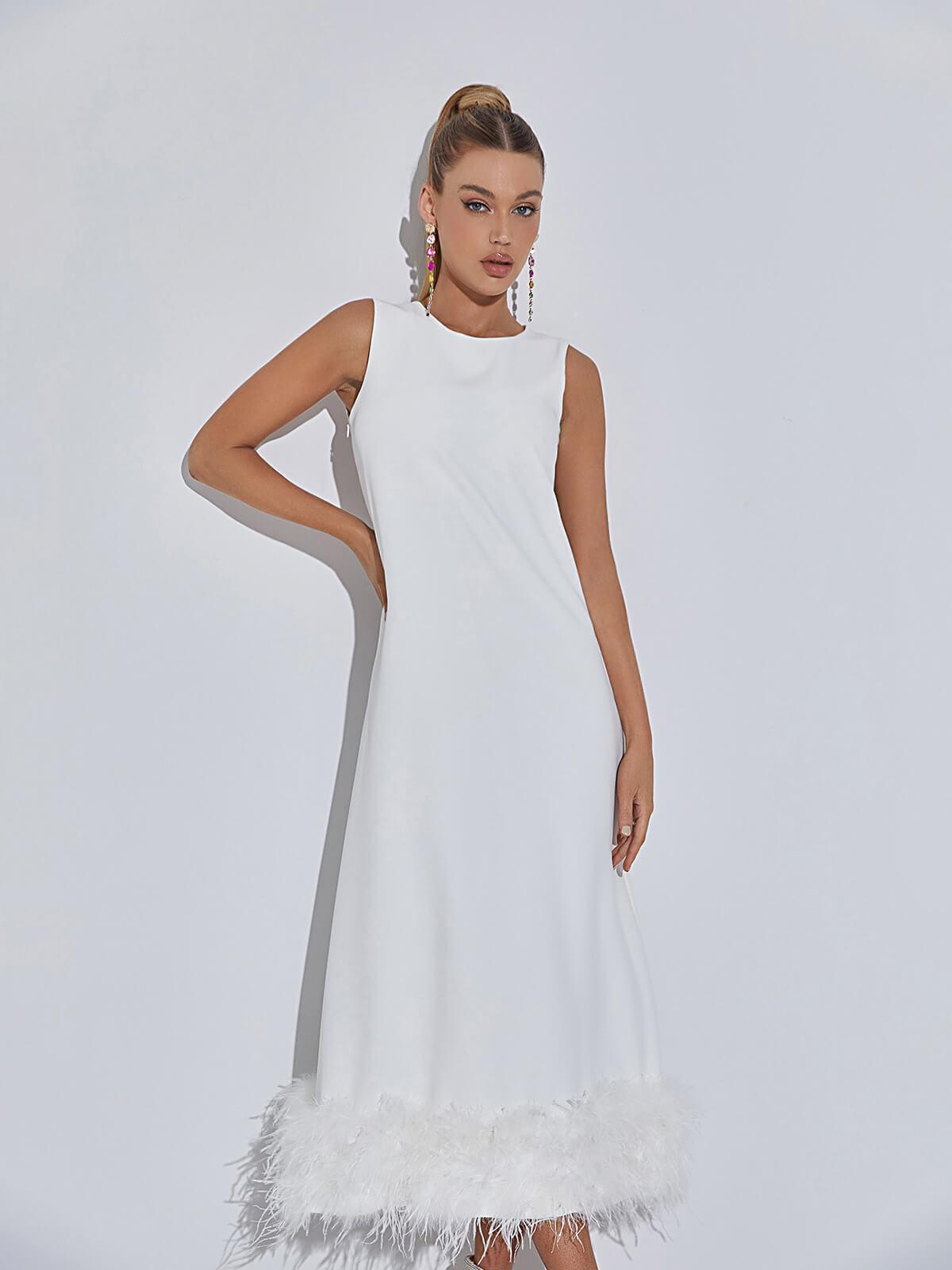 Nisha Feather Midi Dress In White - Mew Mews Fashion