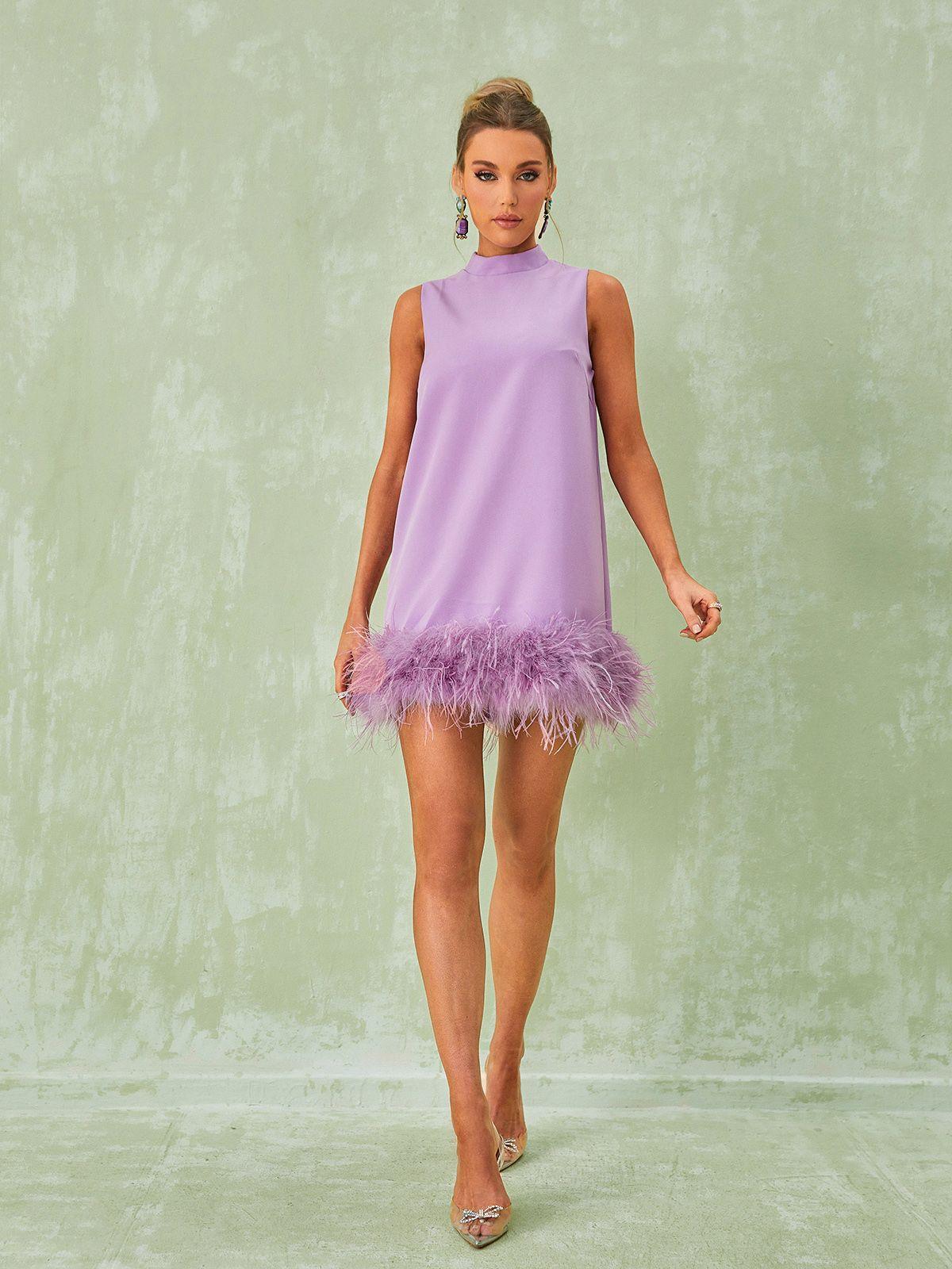 Nisha Feather Mini Dress In Lilac - Mew Mews Fashion