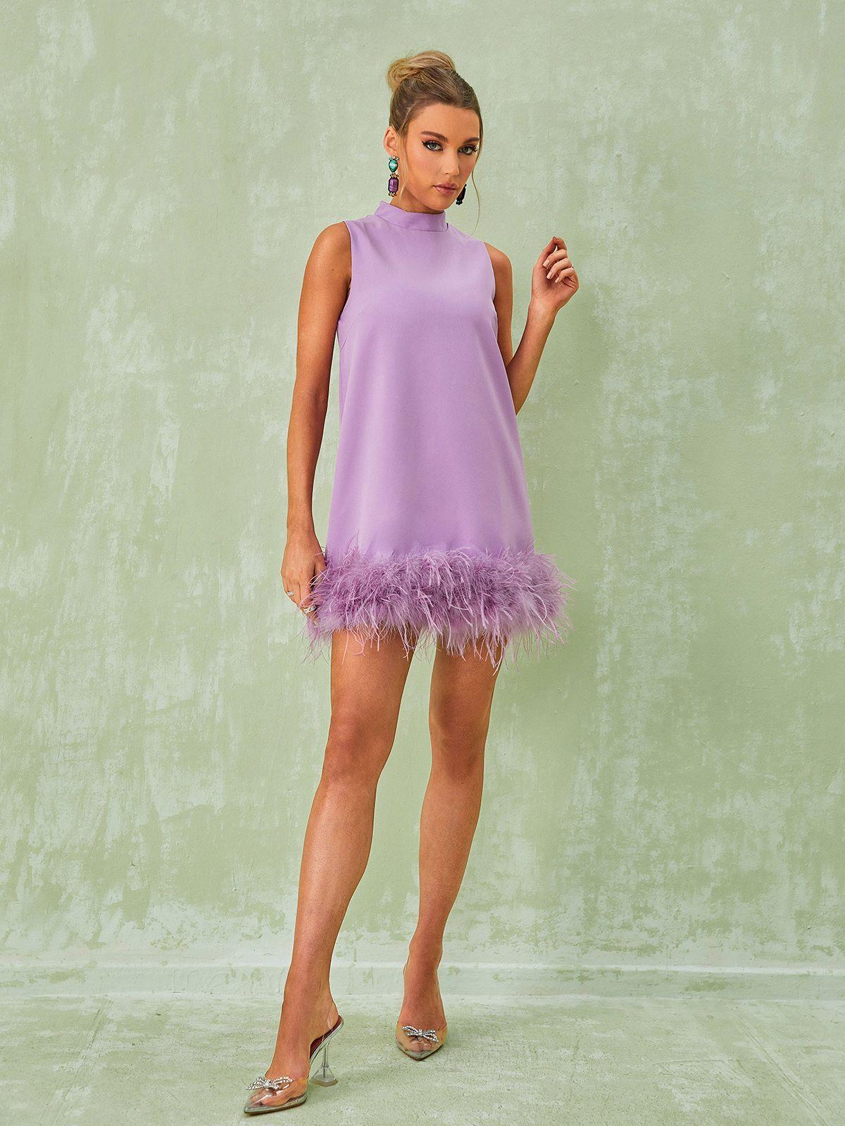 Nisha Feather Mini Dress In Lilac - Mew Mews Fashion