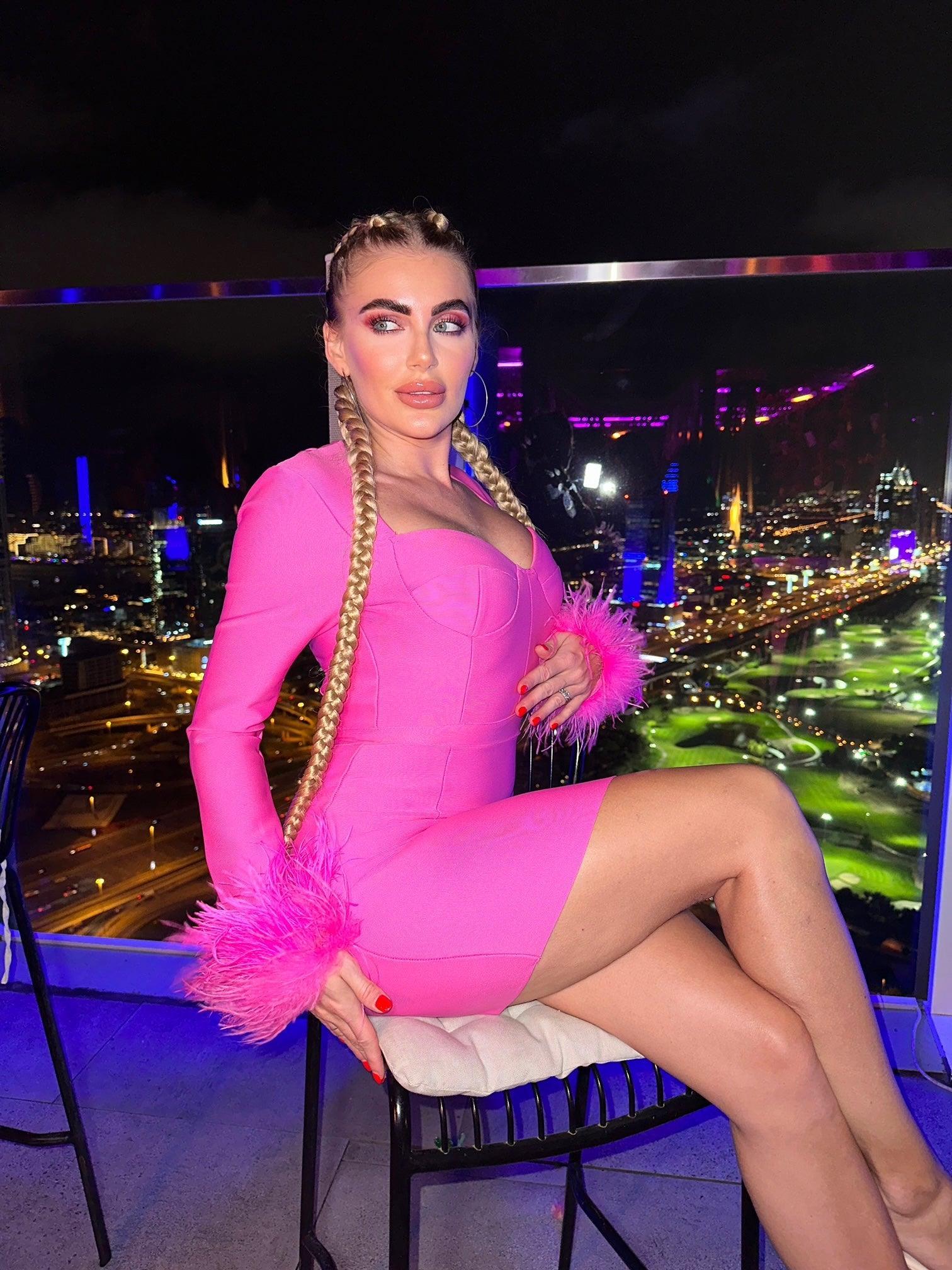Nixie Long Sleeve Feather Bandage Dress In Hot Pink - Mew Mews Fashion