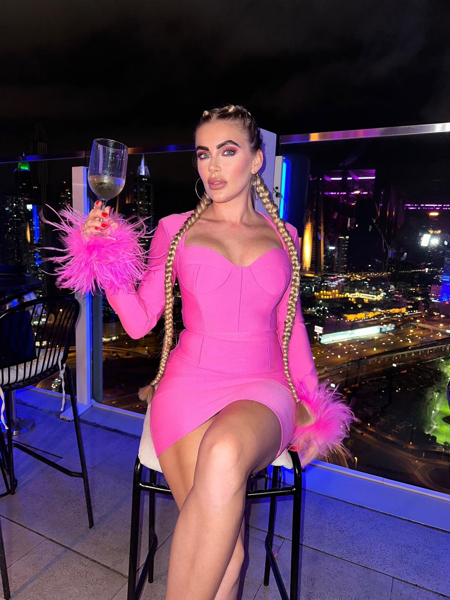 Nixie Long Sleeve Feather Bandage Dress In Hot Pink - Mew Mews Fashion