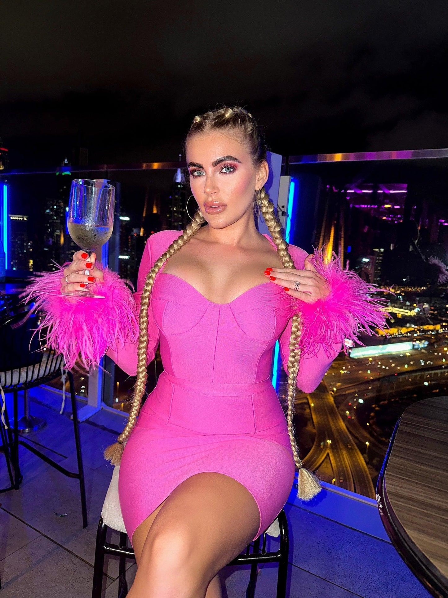 Nixie Long Sleeve Feather Bandage Dress In Hot Pink - Mew Mews Fashion