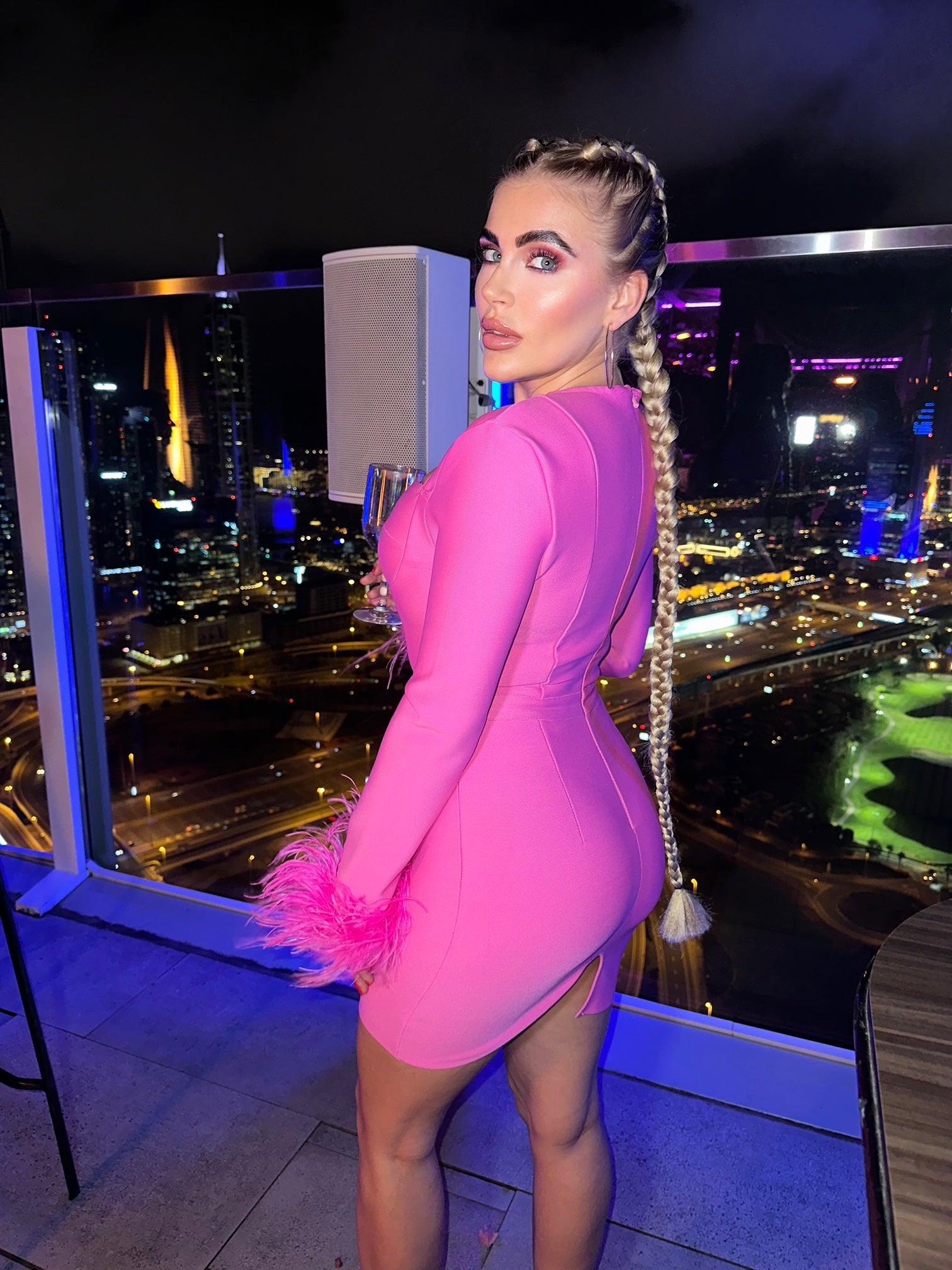 Nixie Long Sleeve Feather Bandage Dress In Hot Pink - Mew Mews Fashion