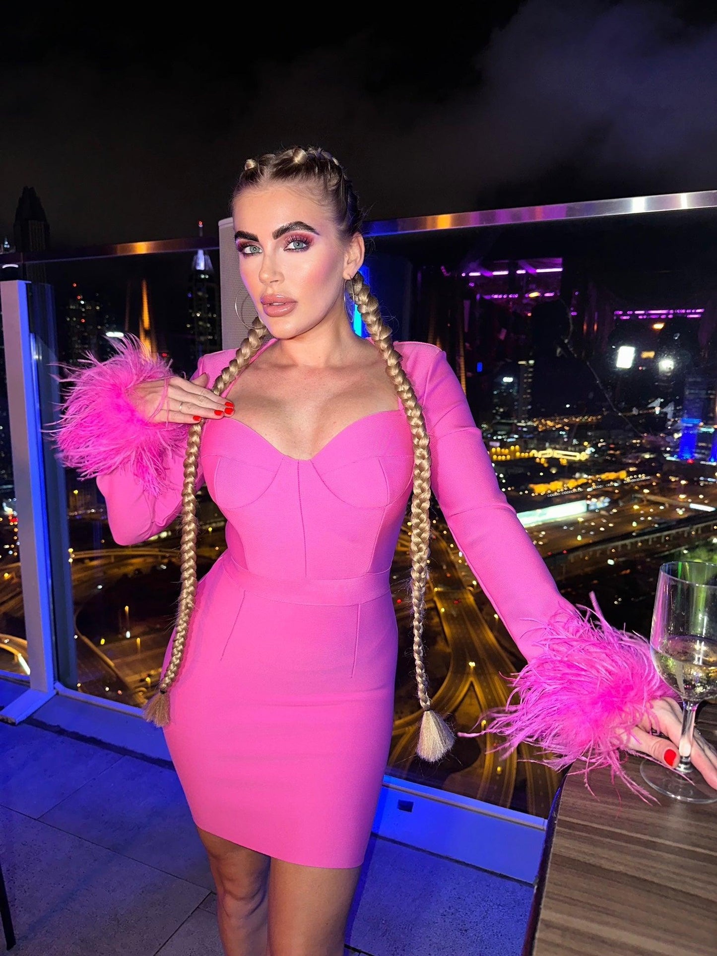 Nixie Long Sleeve Feather Bandage Dress In Hot Pink - Mew Mews Fashion