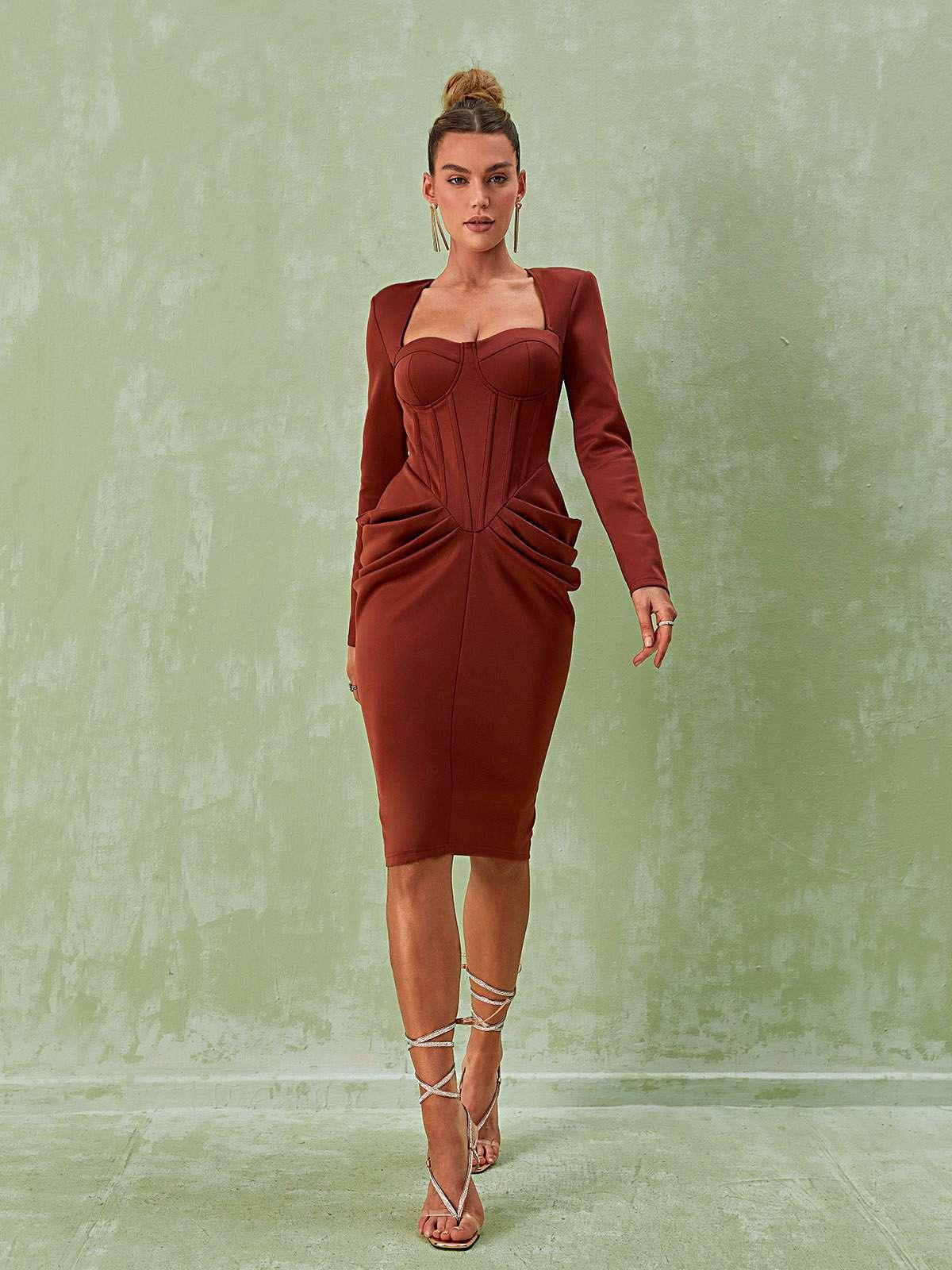 Noelani Long Sleeve Corset Midi Dress - Mew Mews Fashion