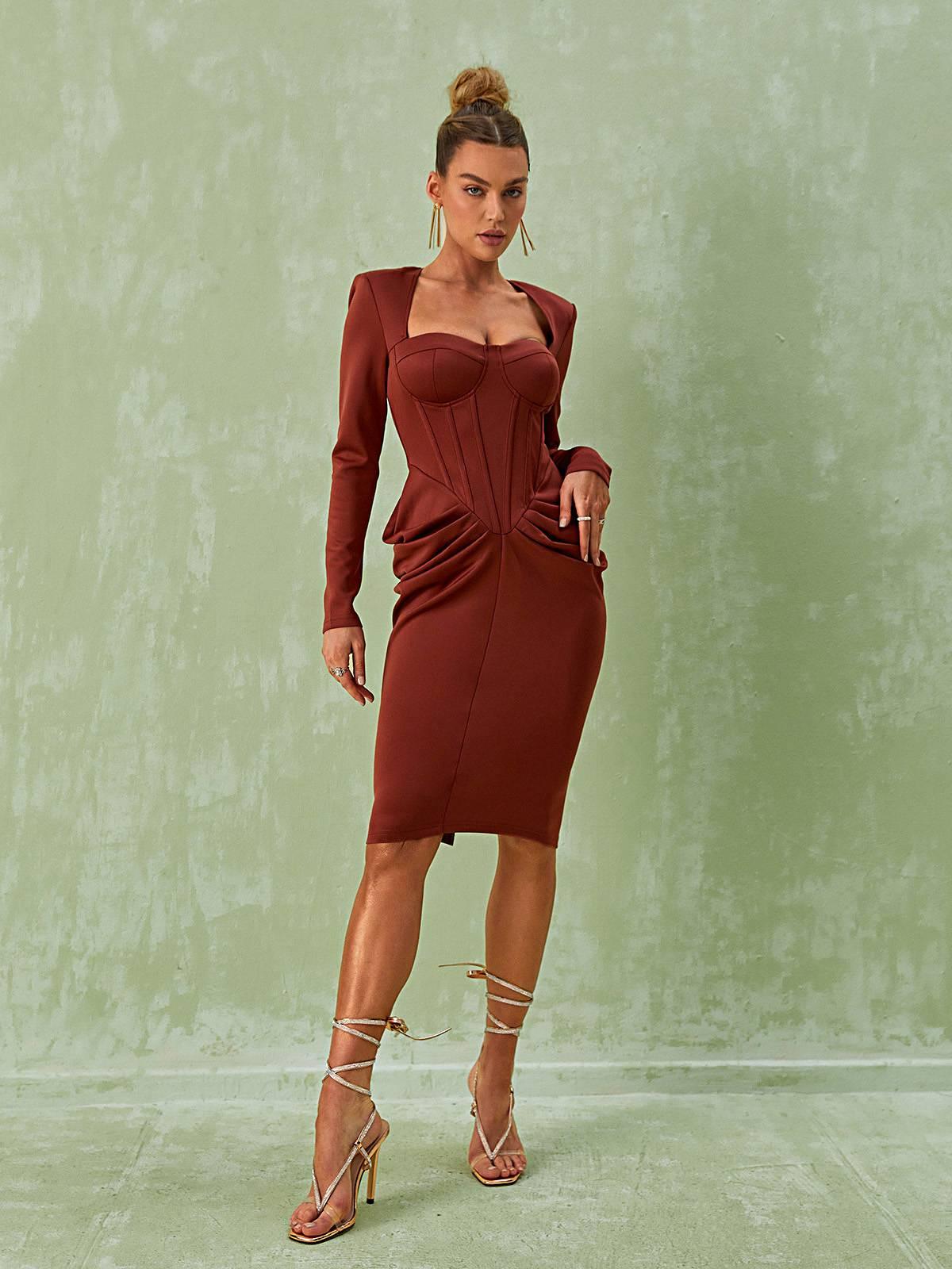 Noelani Long Sleeve Corset Midi Dress - Mew Mews Fashion