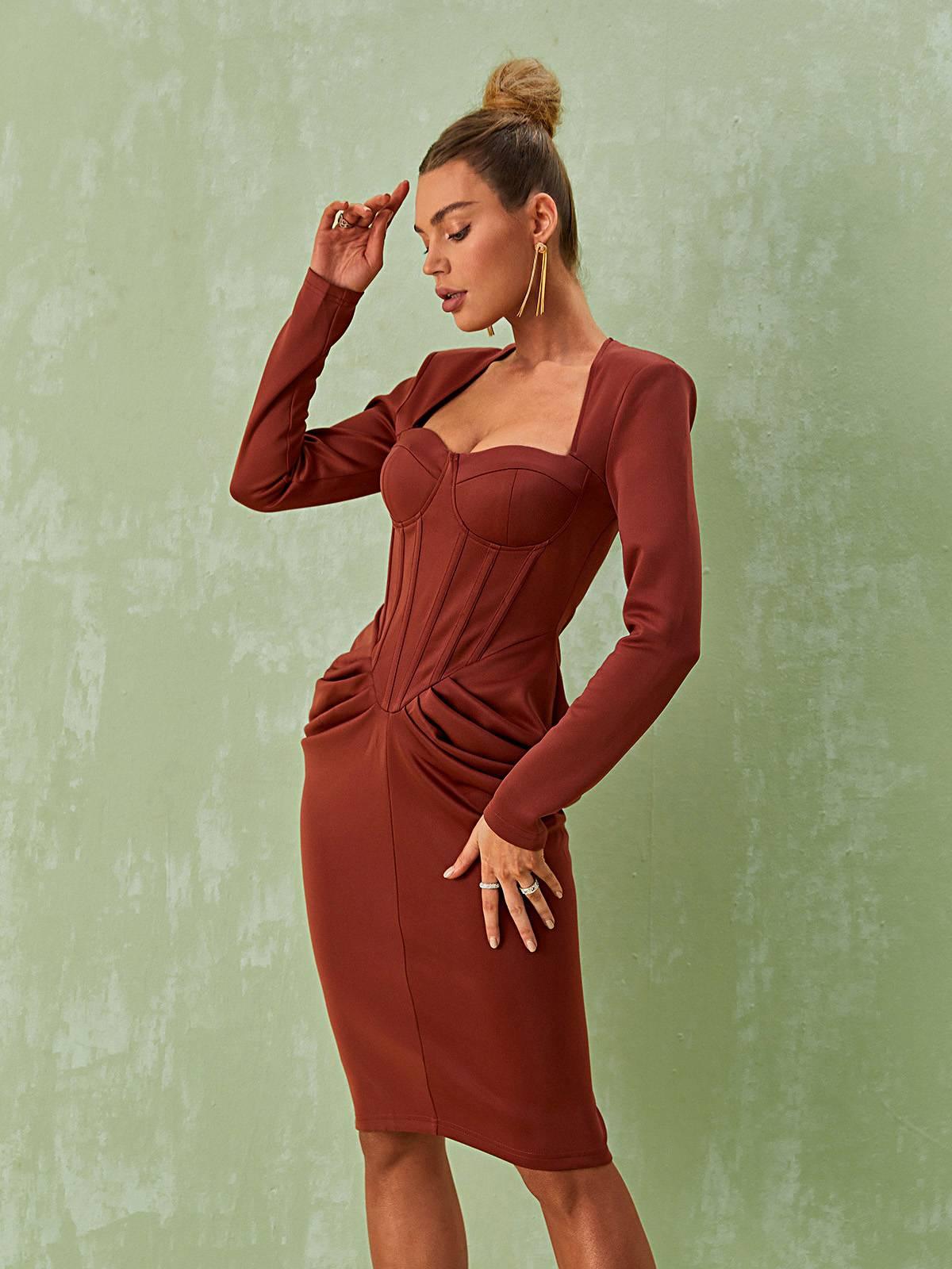 Noelani Long Sleeve Corset Midi Dress - Mew Mews Fashion
