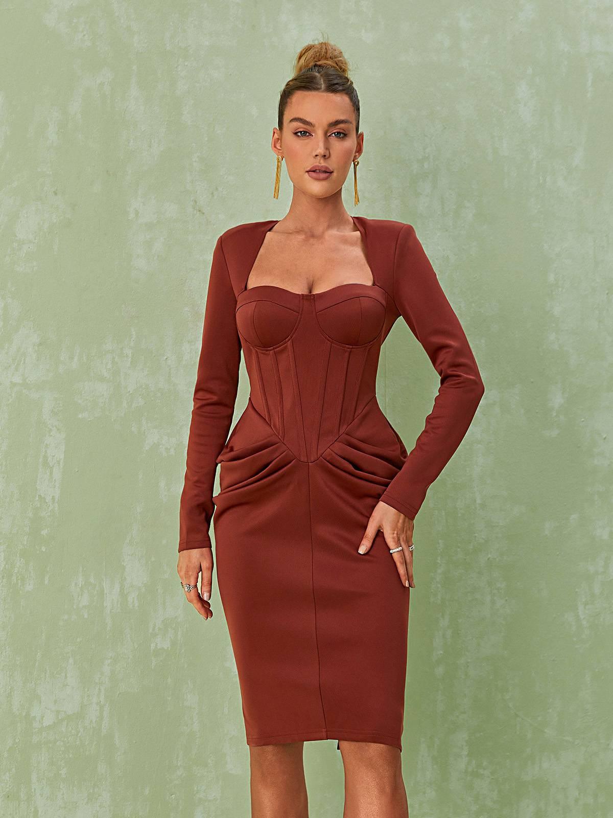 Noelani Long Sleeve Corset Midi Dress - Mew Mews Fashion