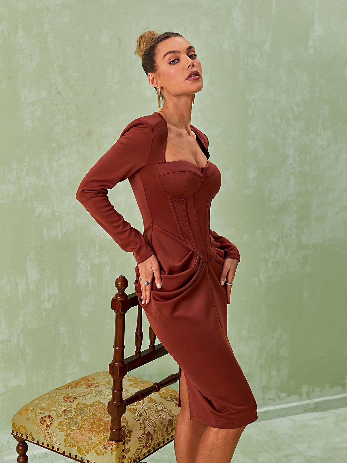 Noelani Long Sleeve Corset Midi Dress - Mew Mews Fashion
