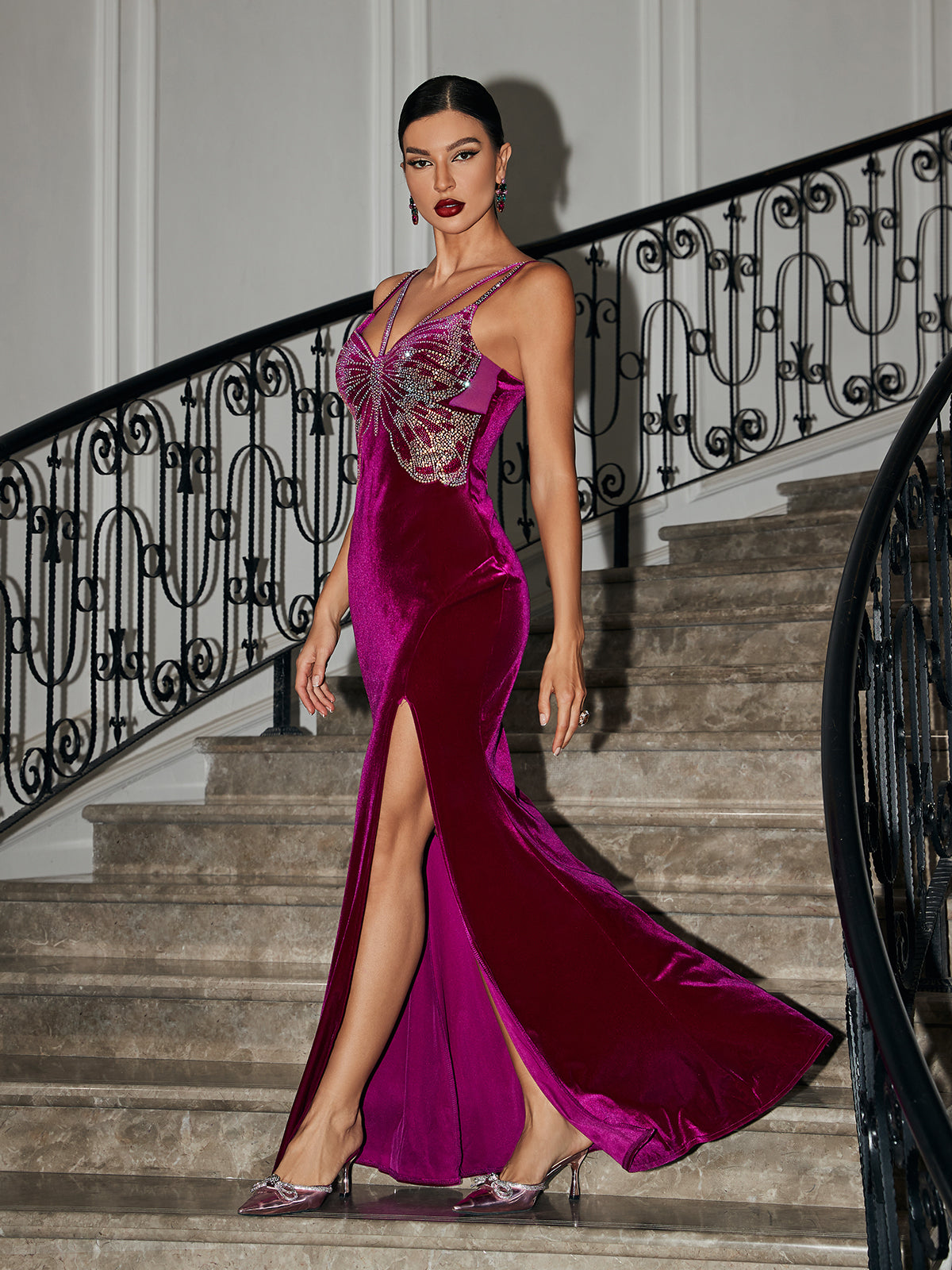 Nolan Butterfly Rhinestone Velvet Dress