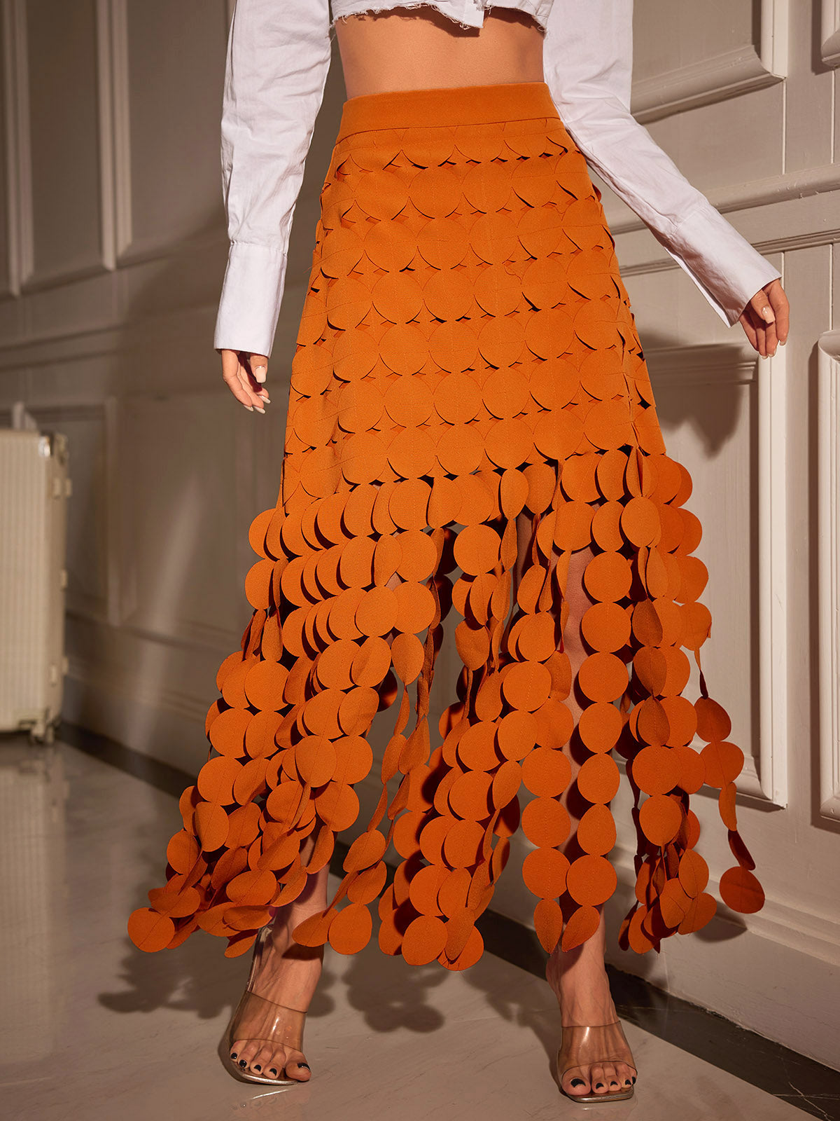 Nyx Circle Cutout Fringe Skirt In Orange