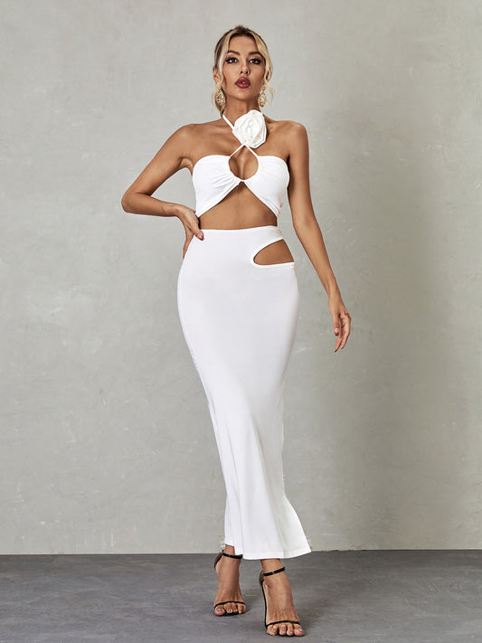 Odilia Halterneck Cutout Split Set In White