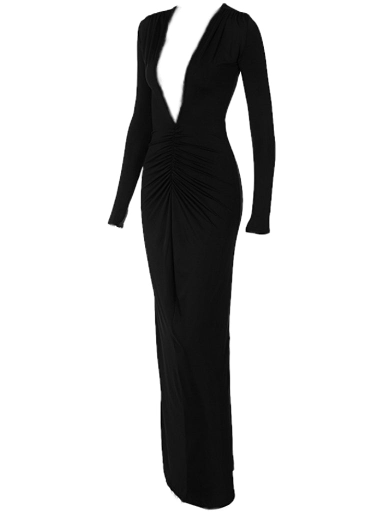 Ofir V Neck Ruched Maxi Dress  In Black