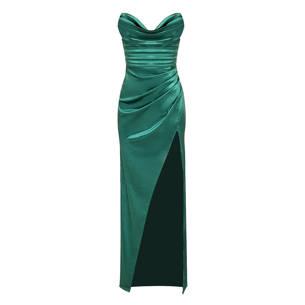 Olive Strapless Satin Split Maxi Dress