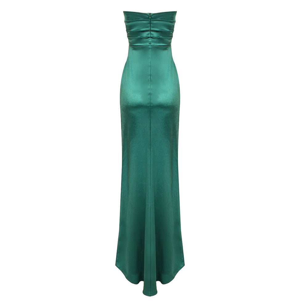 Olive Strapless Satin Split Maxi Dress